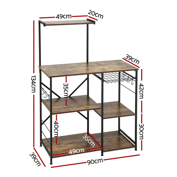 Artiss 4-Tier Kitchen Rack with Pull Out Basket 6 Hooks Microwave Storage Shelf Awezingly