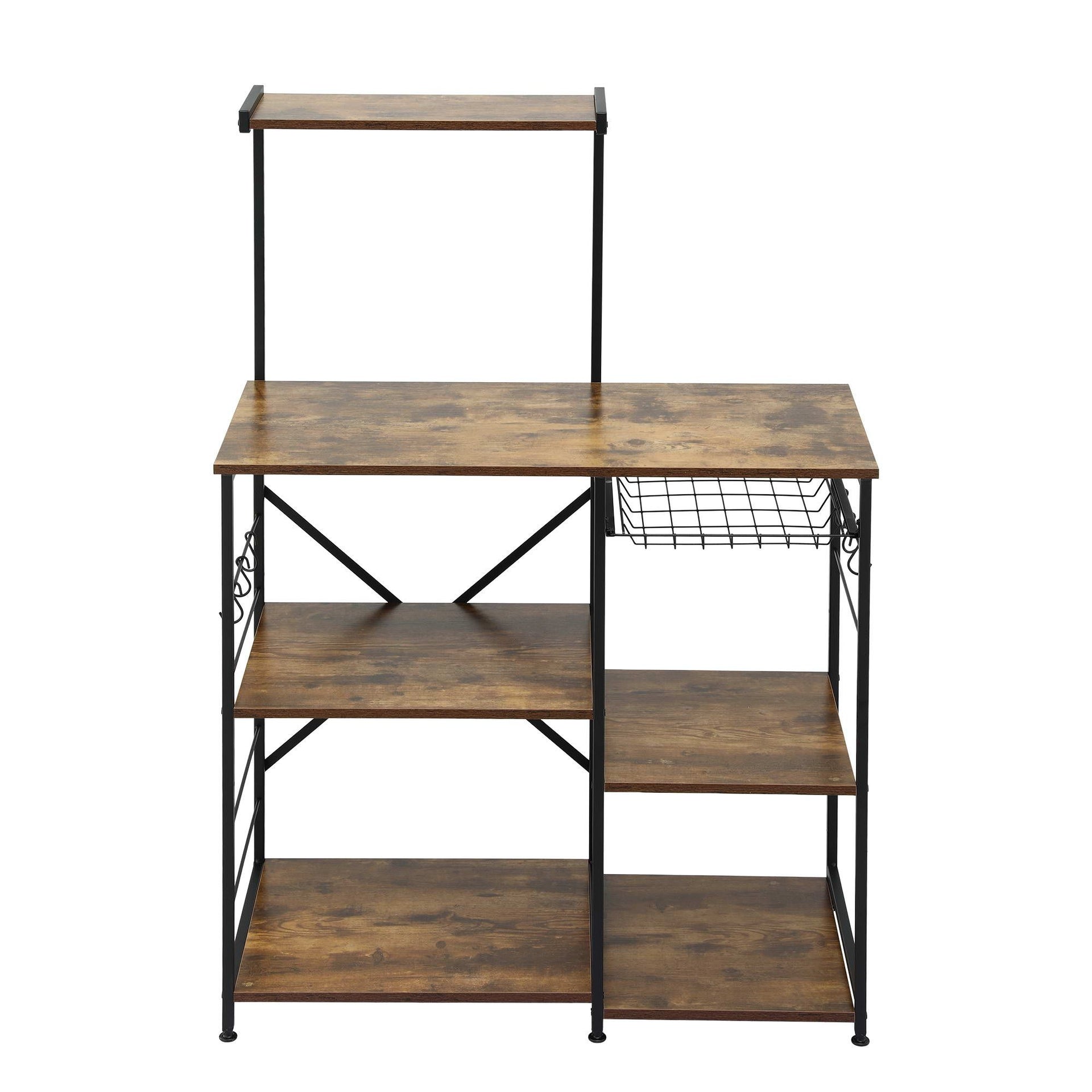 Artiss 4-Tier Kitchen Rack with Pull Out Basket 6 Hooks Microwave Storage Shelf Awezingly