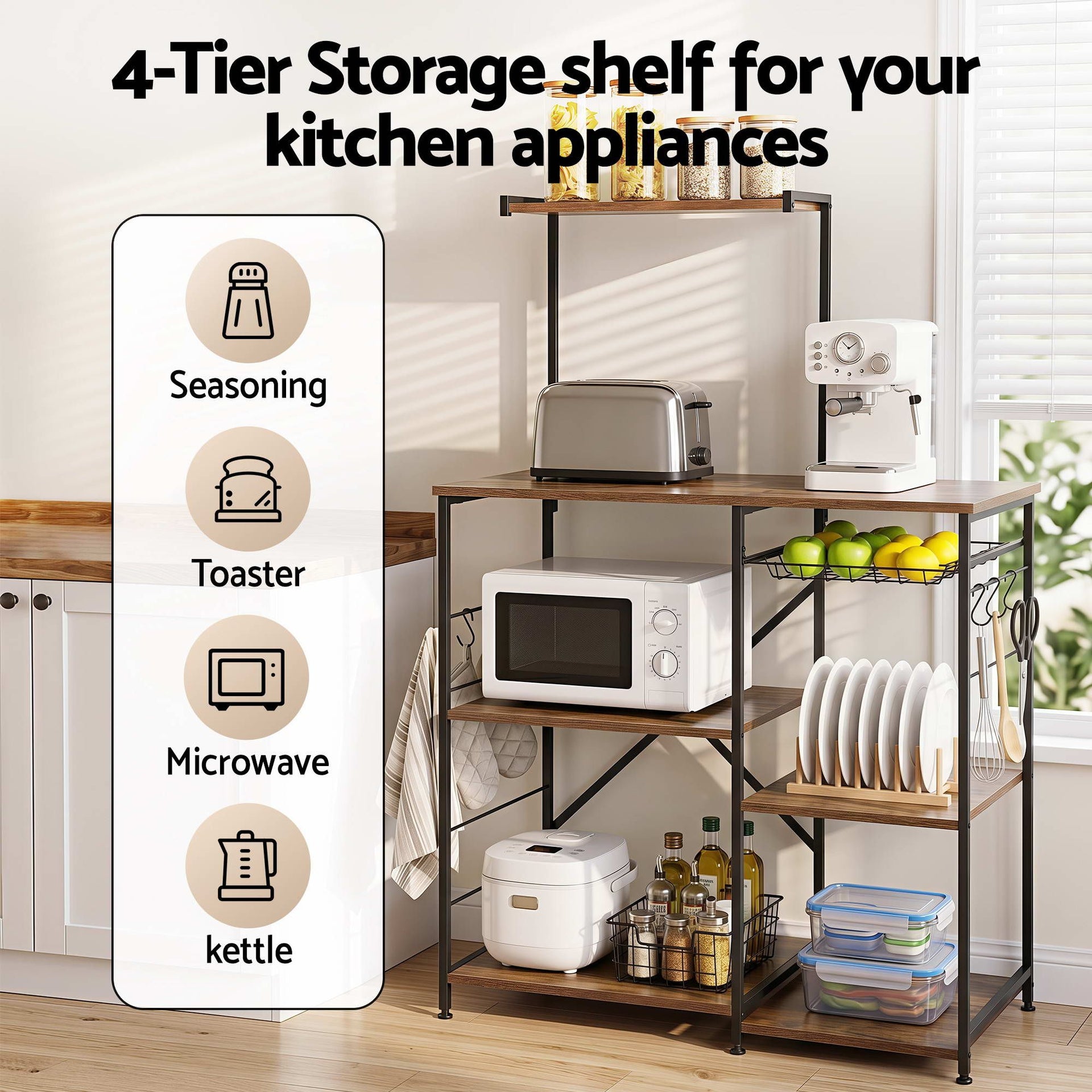 Artiss 4-Tier Kitchen Rack with Pull Out Basket 6 Hooks Microwave Storage Shelf Awezingly