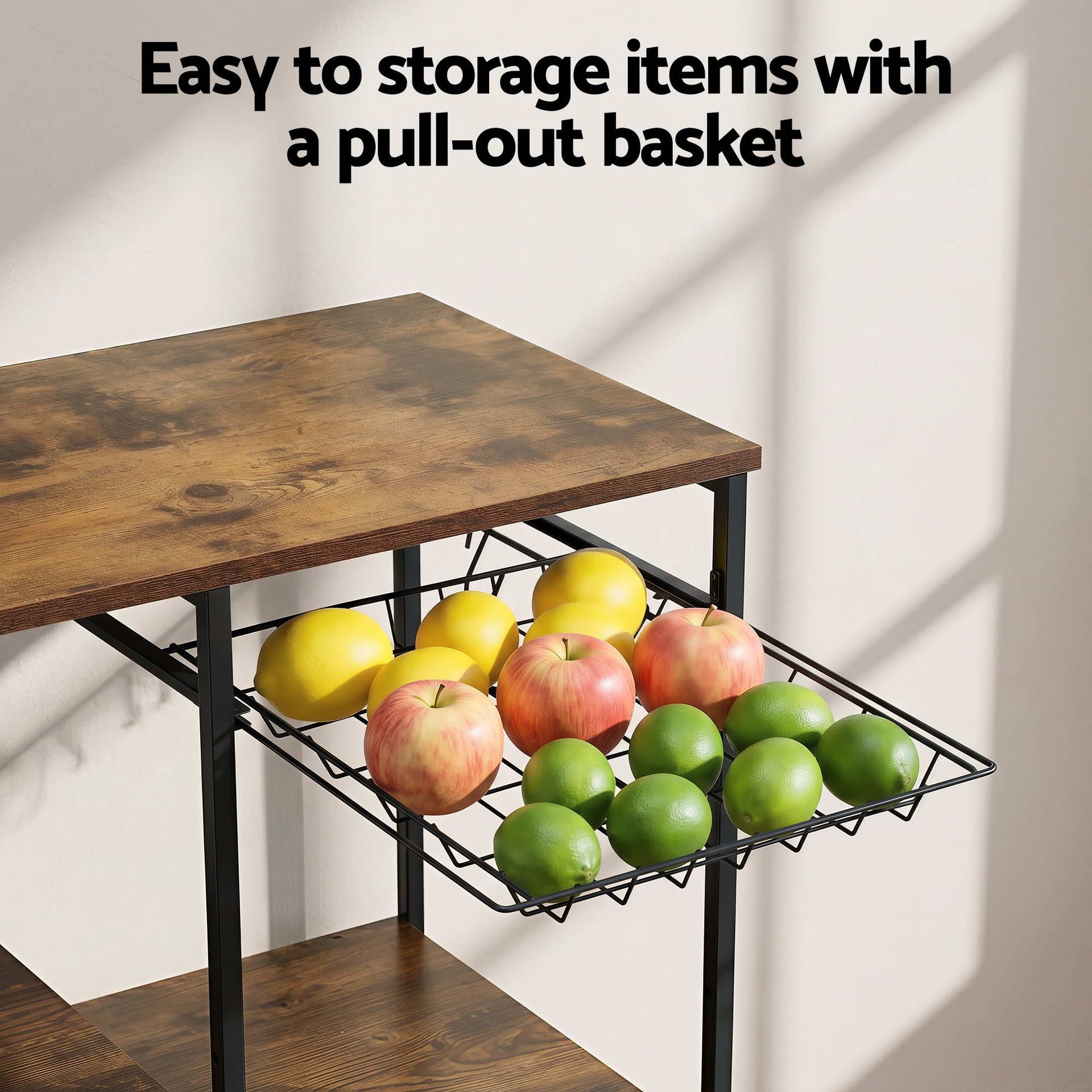 Artiss 4-Tier Kitchen Rack with Pull Out Basket 6 Hooks Microwave Storage Shelf Awezingly