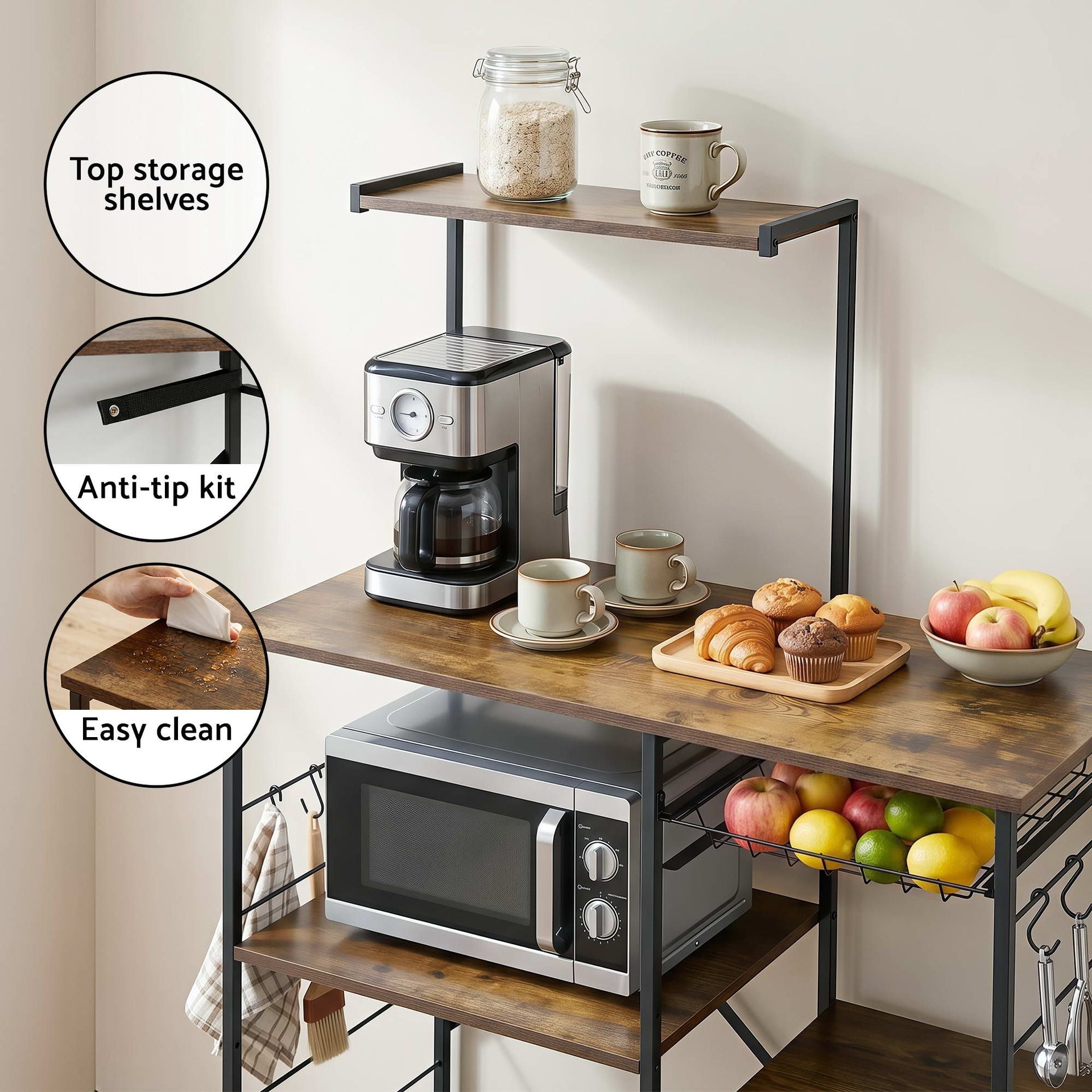 Artiss 4-Tier Kitchen Rack with Pull Out Basket 6 Hooks Microwave Storage Shelf Awezingly