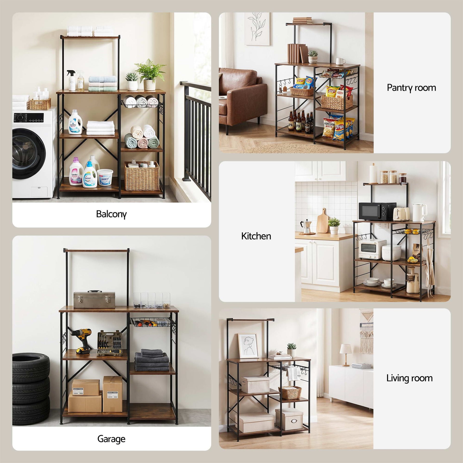 Artiss 4-Tier Kitchen Rack with Pull Out Basket 6 Hooks Microwave Storage Shelf Awezingly