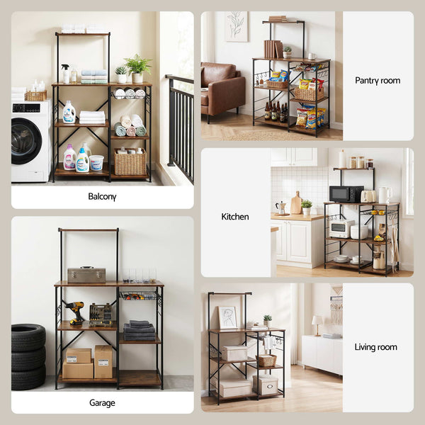Artiss 4-Tier Kitchen Rack with Pull Out Basket 6 Hooks Microwave Storage Shelf Awezingly