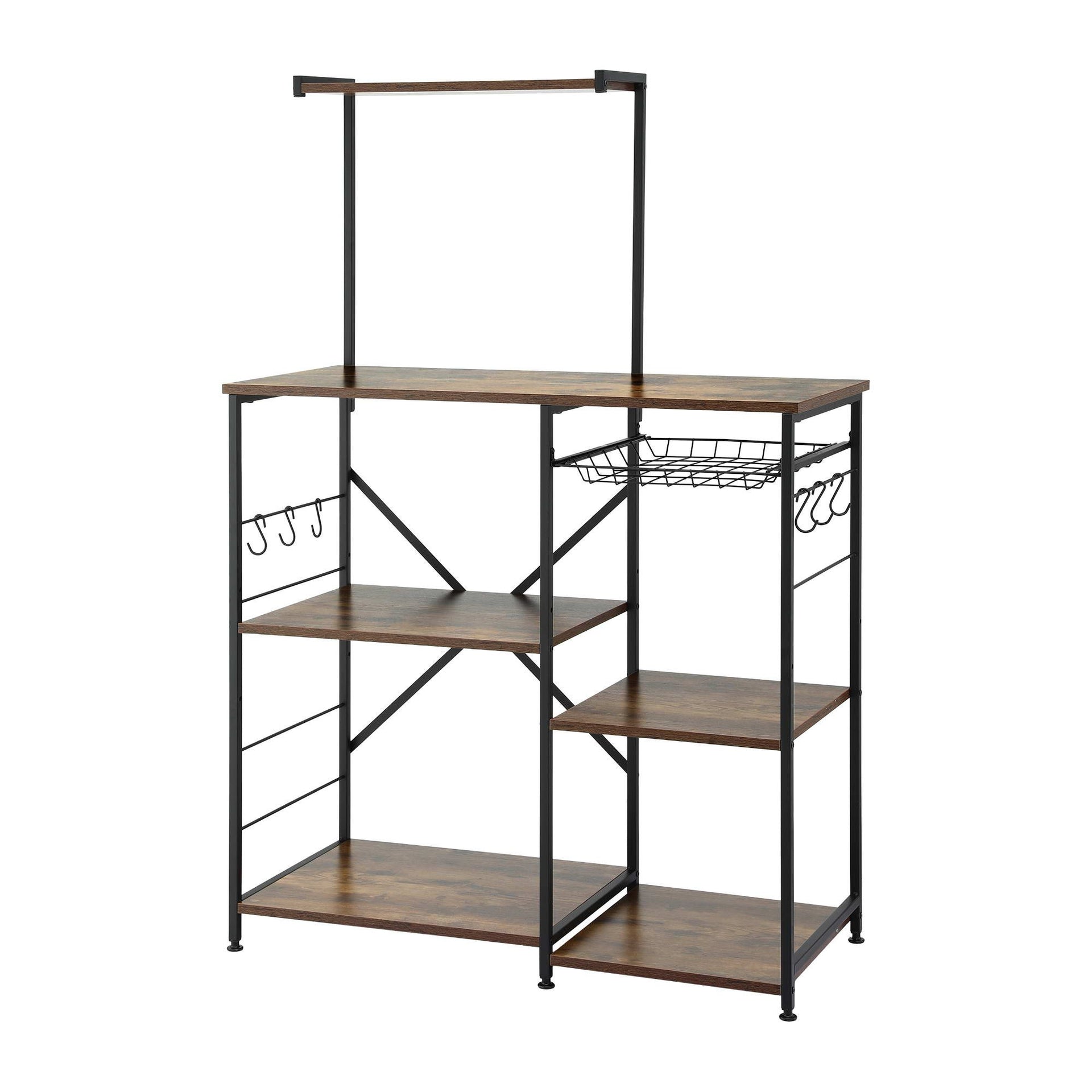 Artiss 4-Tier Kitchen Rack with Pull Out Basket 6 Hooks Microwave Storage Shelf Awezingly