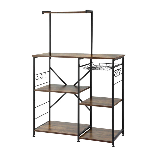 Artiss 4-Tier Kitchen Rack with Pull Out Basket 6 Hooks Microwave Storage Shelf Awezingly