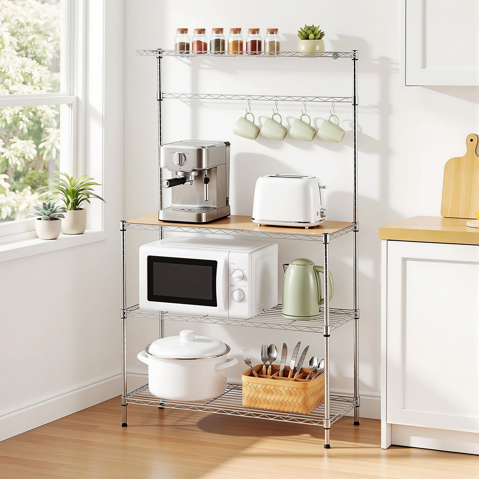 Artiss 4-Tier Metal Kitchen Rack Shelf Silver Storage Shelves Organizer Microwave Stand 90cmx151cm Awezingly