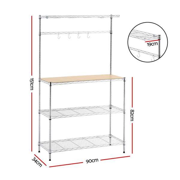 Artiss 4-Tier Metal Kitchen Rack Shelf Silver Storage Shelves Organizer Microwave Stand 90cmx151cm Awezingly