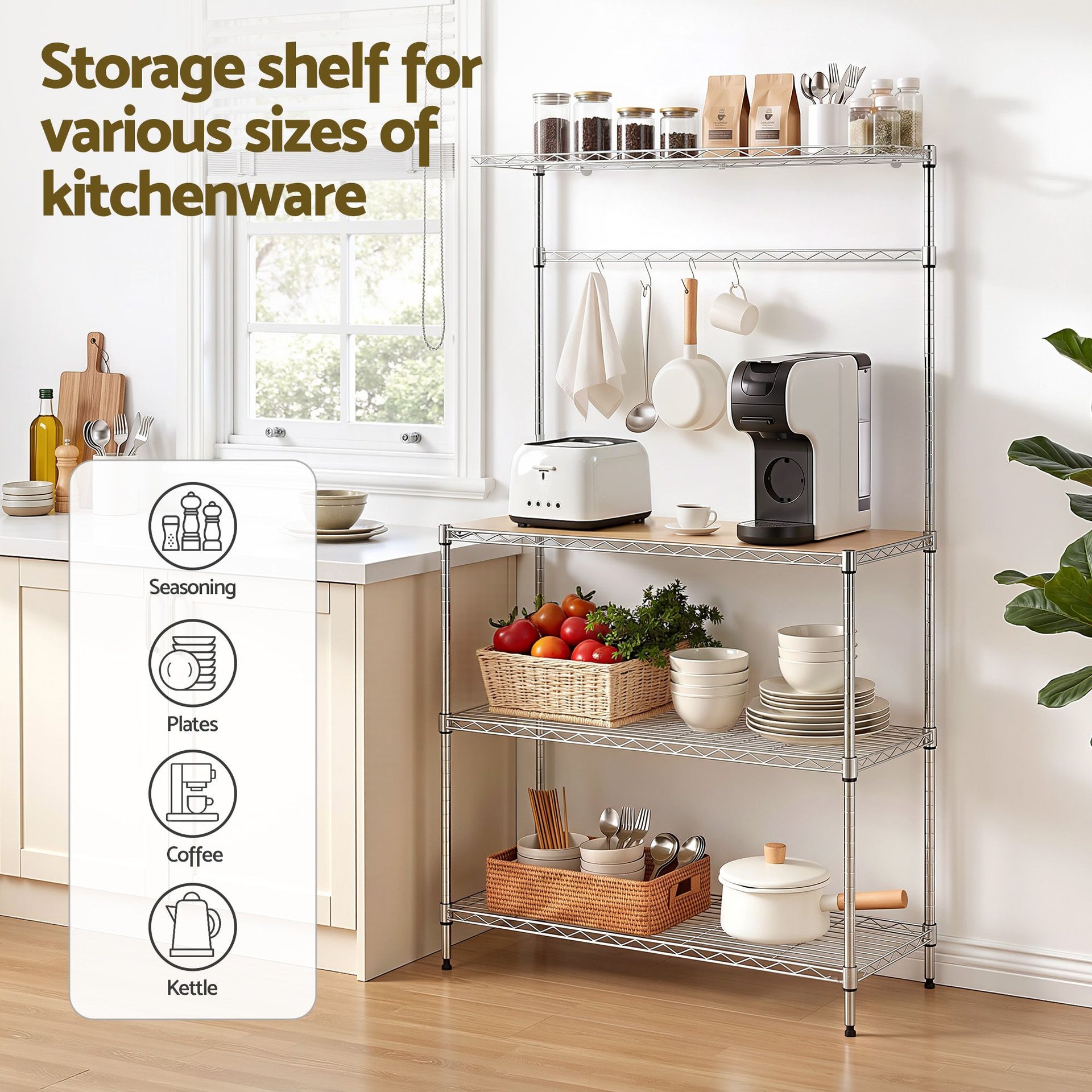 Artiss 4-Tier Metal Kitchen Rack Shelf Silver Storage Shelves Organizer Microwave Stand 90cmx151cm Awezingly