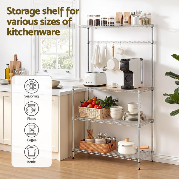Artiss 4-Tier Metal Kitchen Rack Shelf Silver Storage Shelves Organizer Microwave Stand 90cmx151cm Awezingly