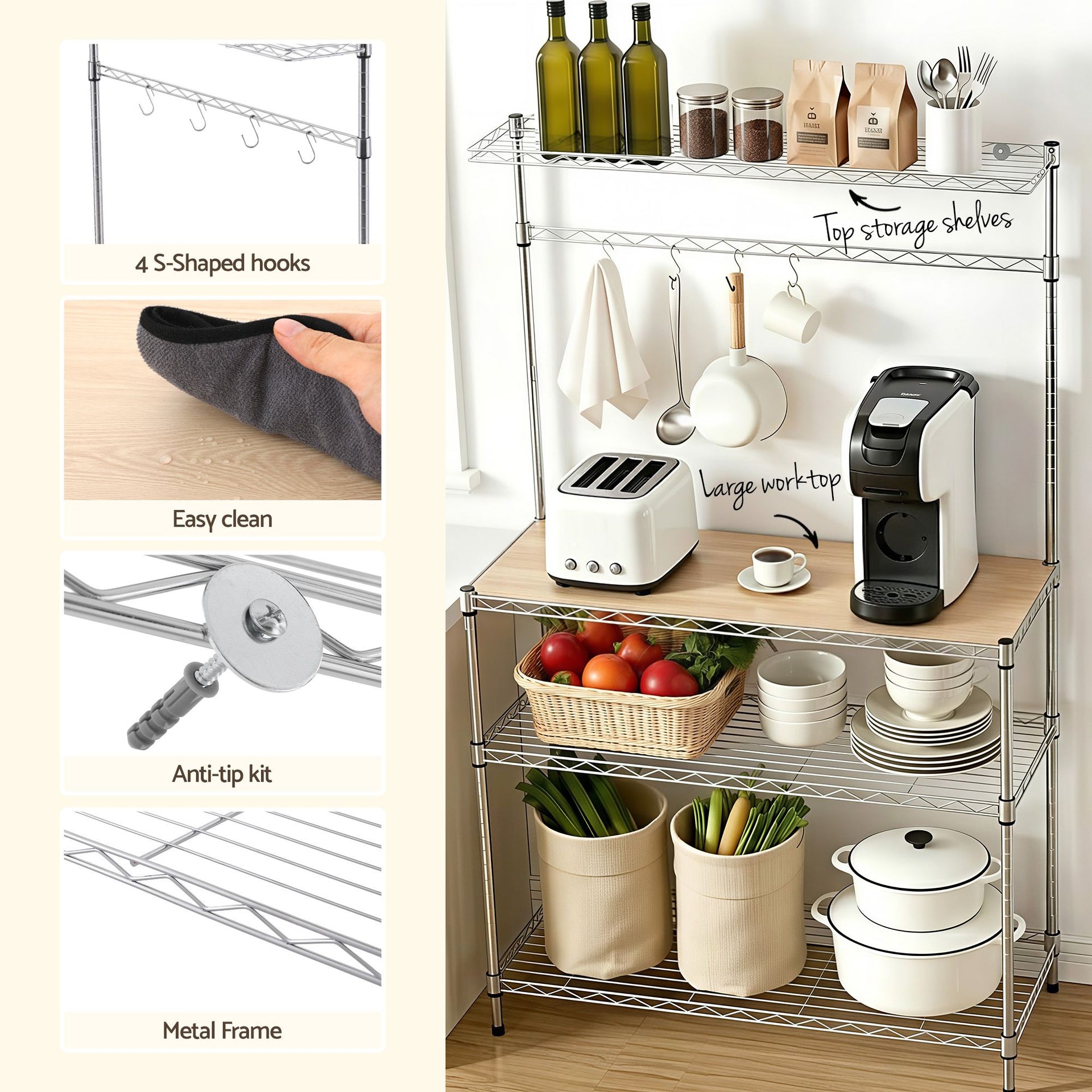 Artiss 4-Tier Metal Kitchen Rack Shelf Silver Storage Shelves Organizer Microwave Stand 90cmx151cm Awezingly