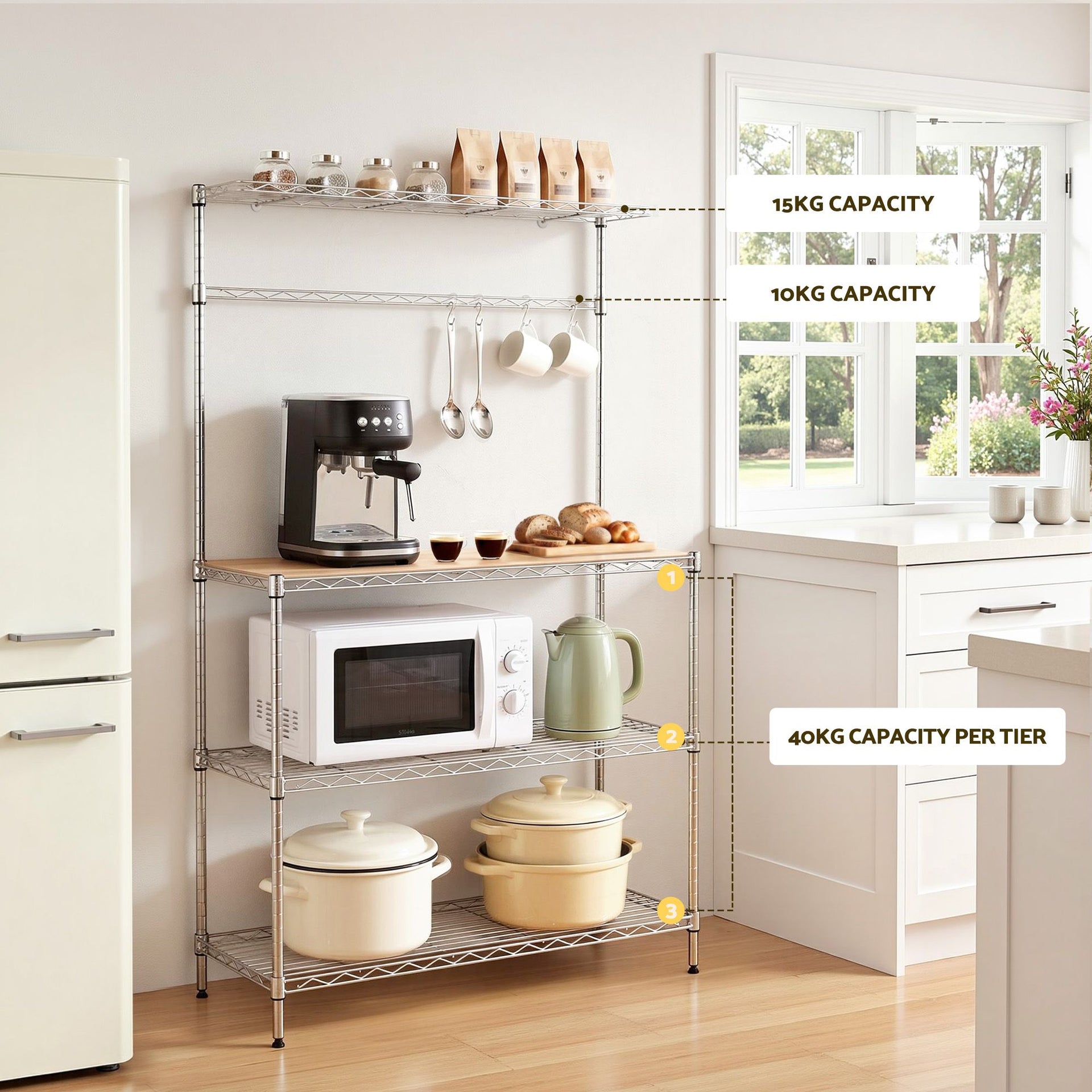 Artiss 4-Tier Metal Kitchen Rack Shelf Silver Storage Shelves Organizer Microwave Stand 90cmx151cm Awezingly