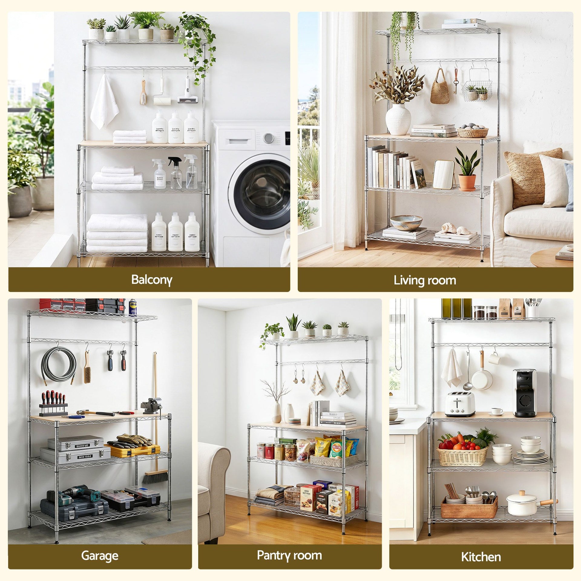 Artiss 4-Tier Metal Kitchen Rack Shelf Silver Storage Shelves Organizer Microwave Stand 90cmx151cm Awezingly