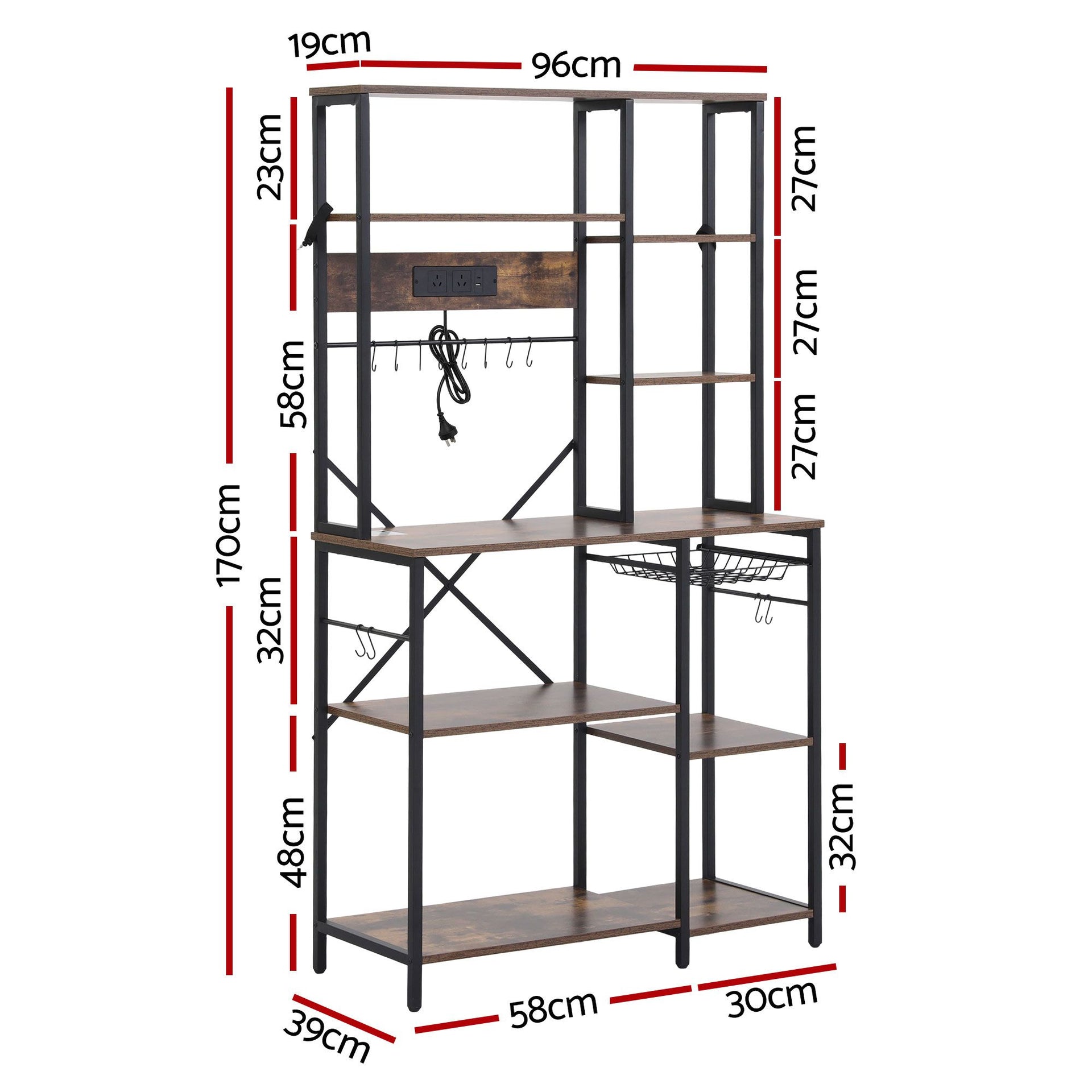 Artiss Kitchen Rack with Power Outlets Hooks 96CMX170CM Microwave Storage Shelf Artiss