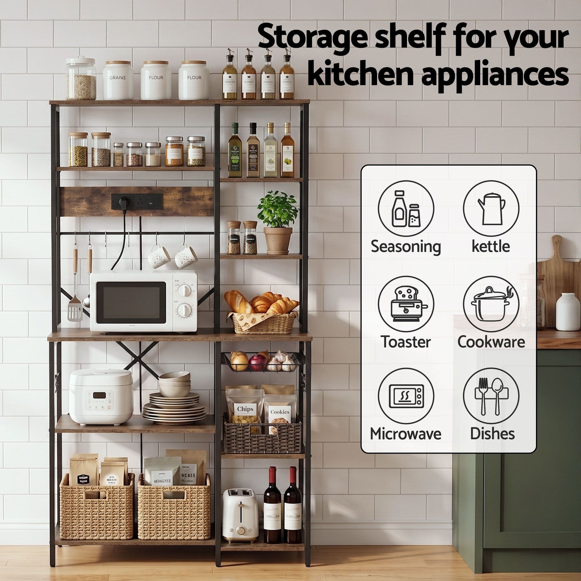 Artiss Kitchen Rack with Power Outlets Hooks 96CMX170CM Microwave Storage Shelf Artiss