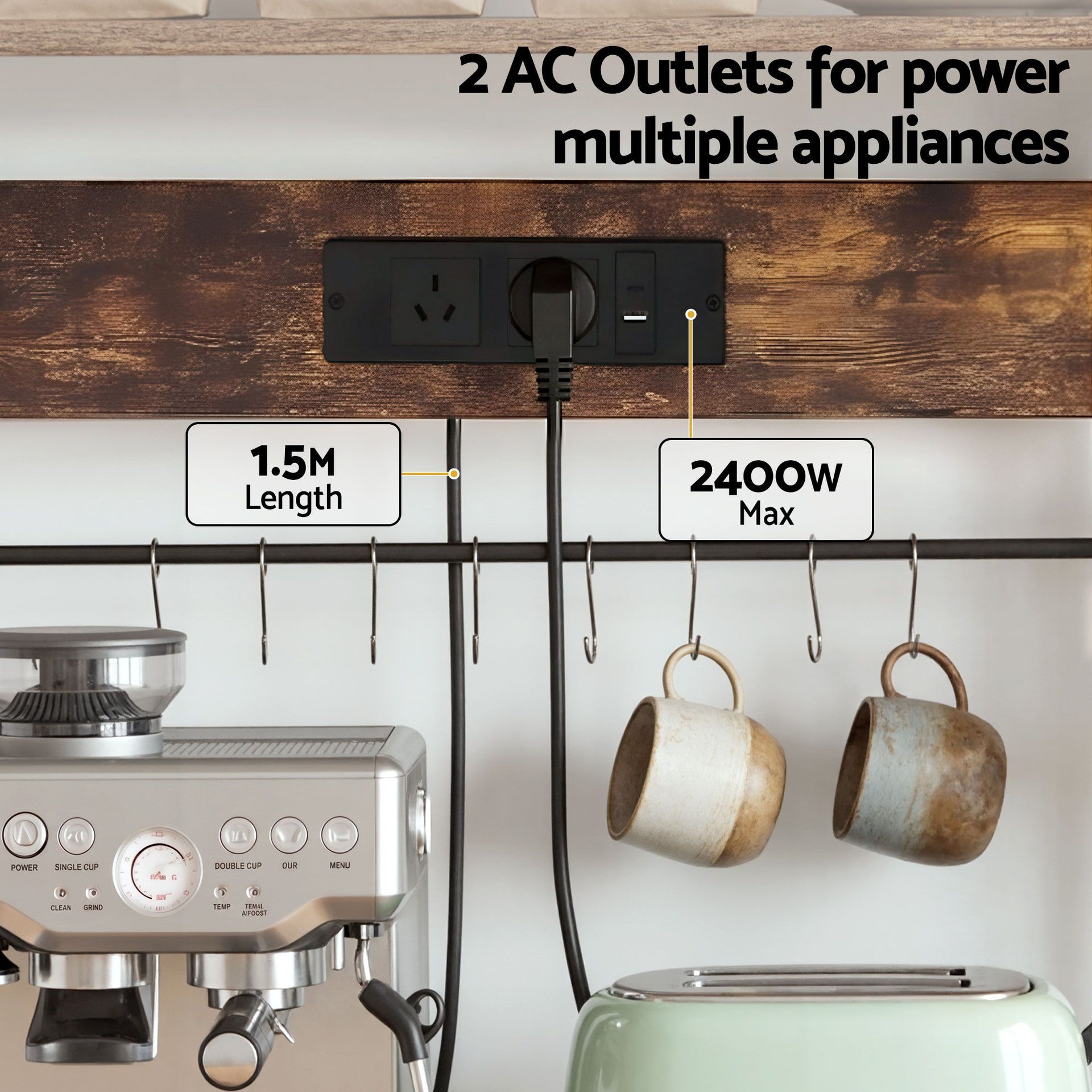 Artiss Kitchen Rack with Power Outlets Hooks 96CMX170CM Microwave Storage Shelf Artiss