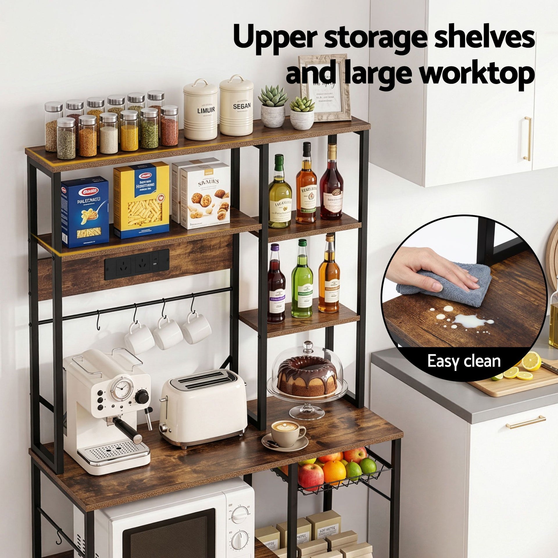 Artiss Kitchen Rack with Power Outlets Hooks 96CMX170CM Microwave Storage Shelf Artiss