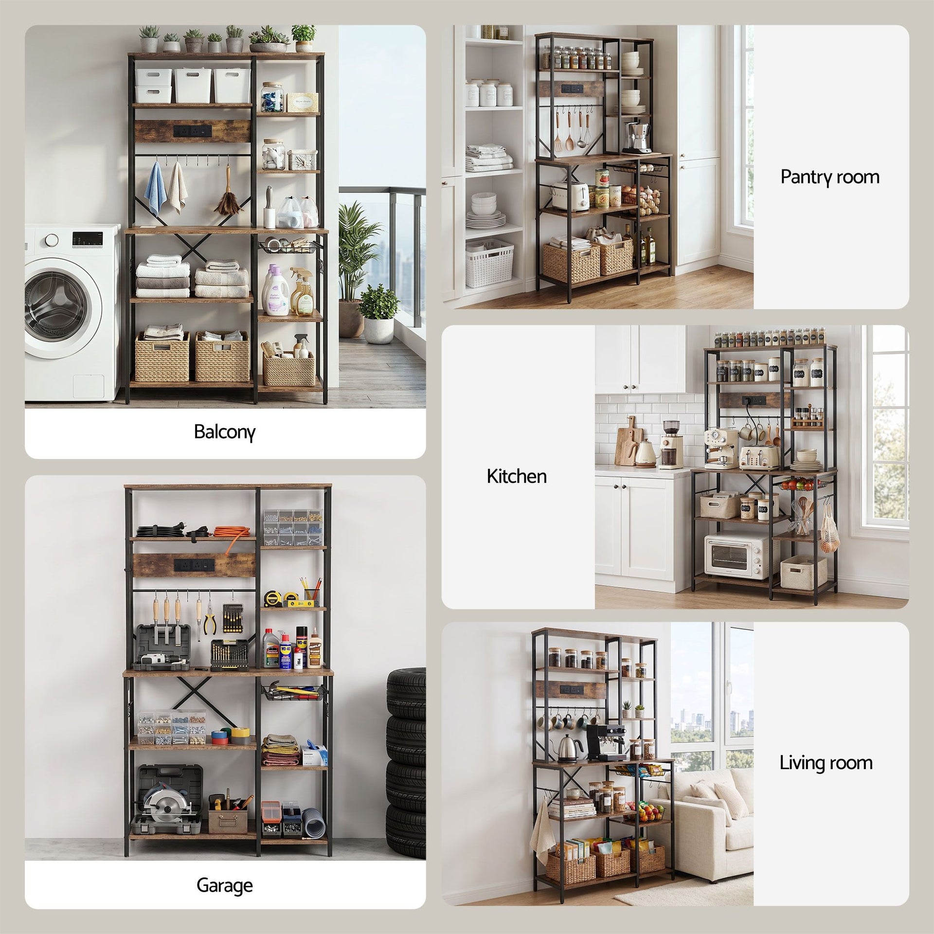 Artiss Kitchen Rack with Power Outlets Hooks 96CMX170CM Microwave Storage Shelf Artiss
