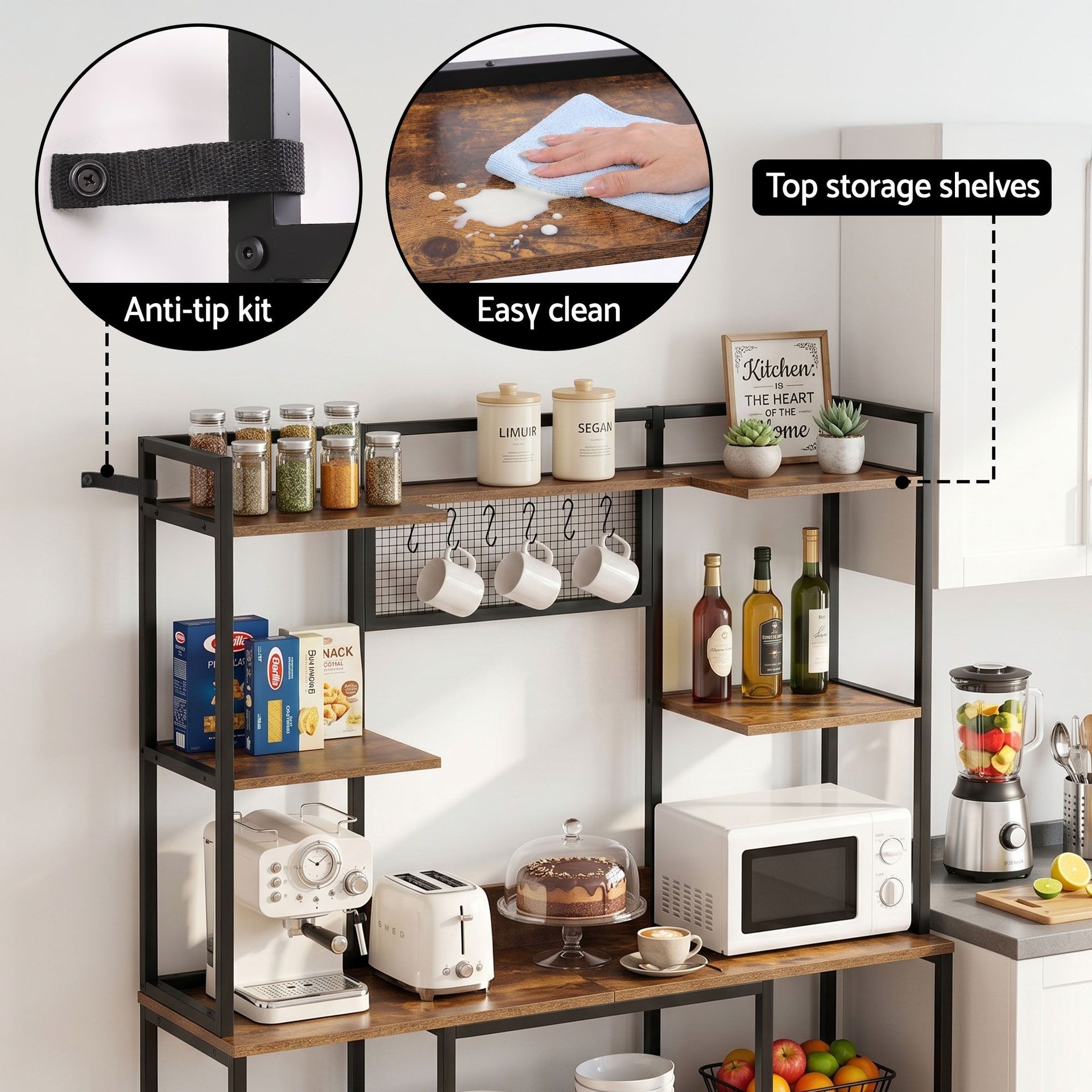 Artiss Kitchen Rack with 6 Hooks Microwave Storage Shelf 120cm x 170cm Awezingly