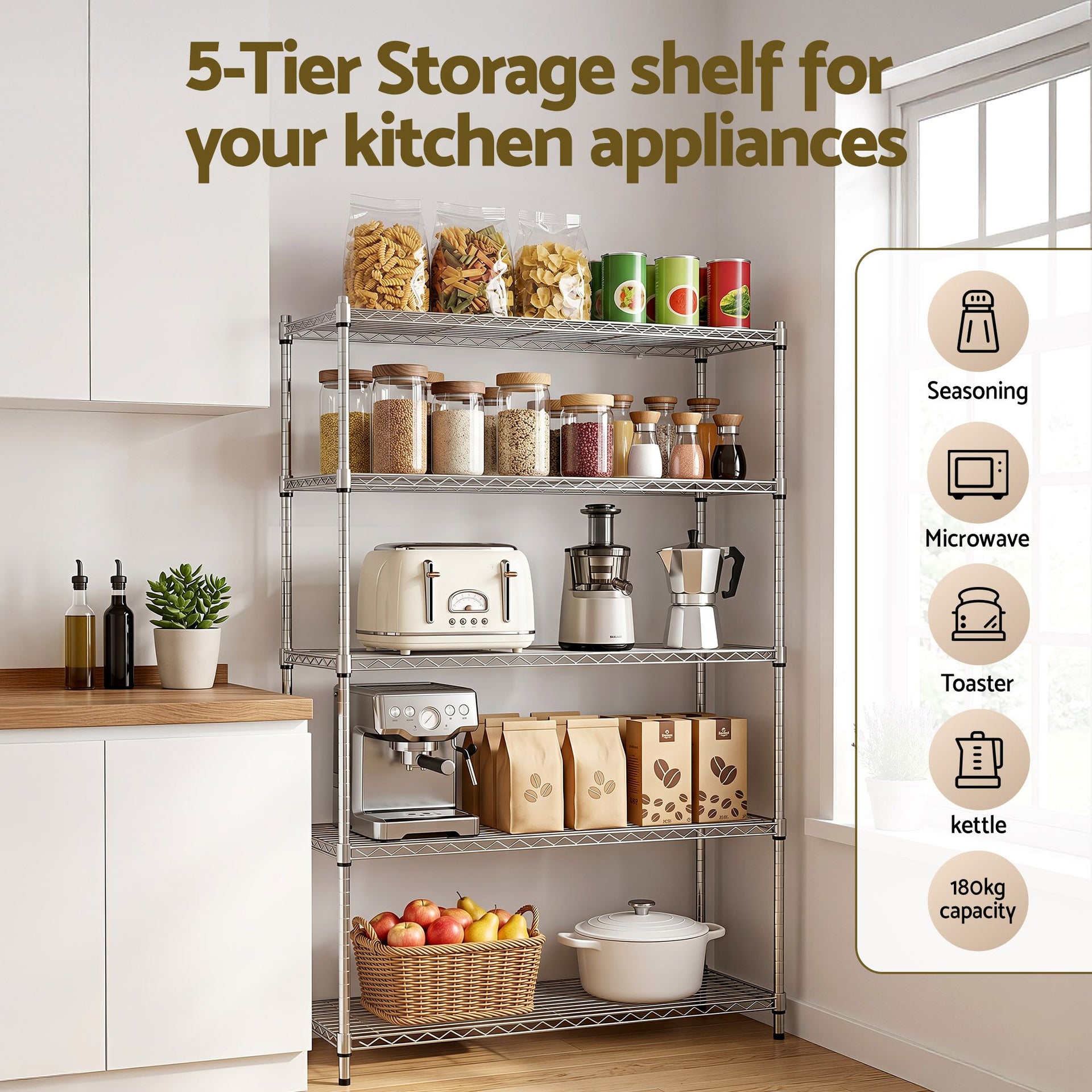 Artiss 5-Tier Kitchen Rack Shelf Shelving 120x45x179CM Adjustable Metal Storage Shelves Awezingly