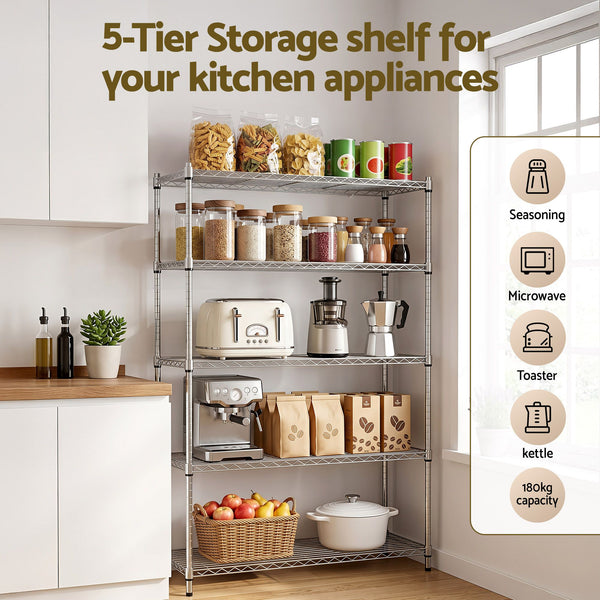 Artiss 5-Tier Kitchen Rack Shelf Shelving 120x45x179CM Adjustable Metal Storage Shelves Awezingly
