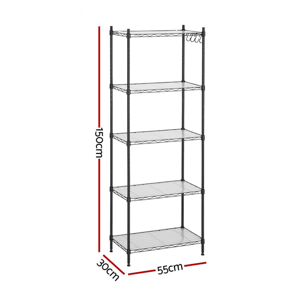 Artiss 5-Tier Kitchen Rack Shelf Shelving Unit 55x30x150CM Adjustable Metal Storage Shelves Black Awezingly