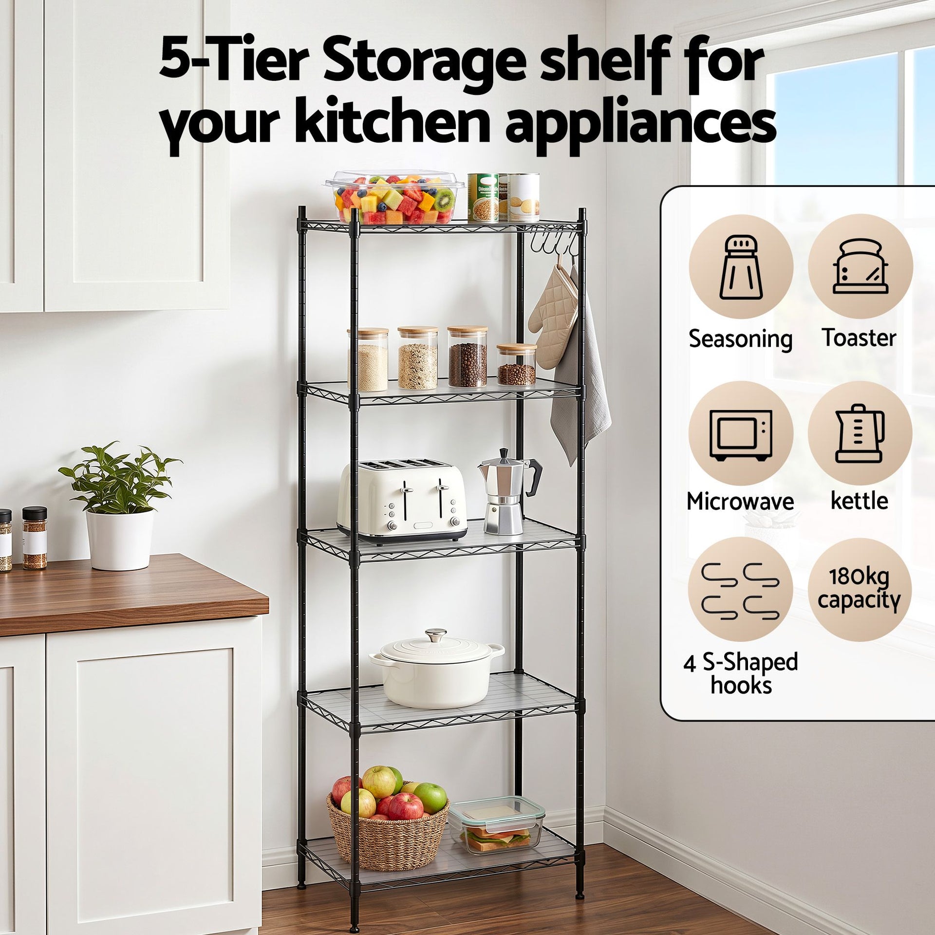 Artiss 5-Tier Kitchen Rack Shelf Shelving Unit 55x30x150CM Adjustable Metal Storage Shelves Black Awezingly