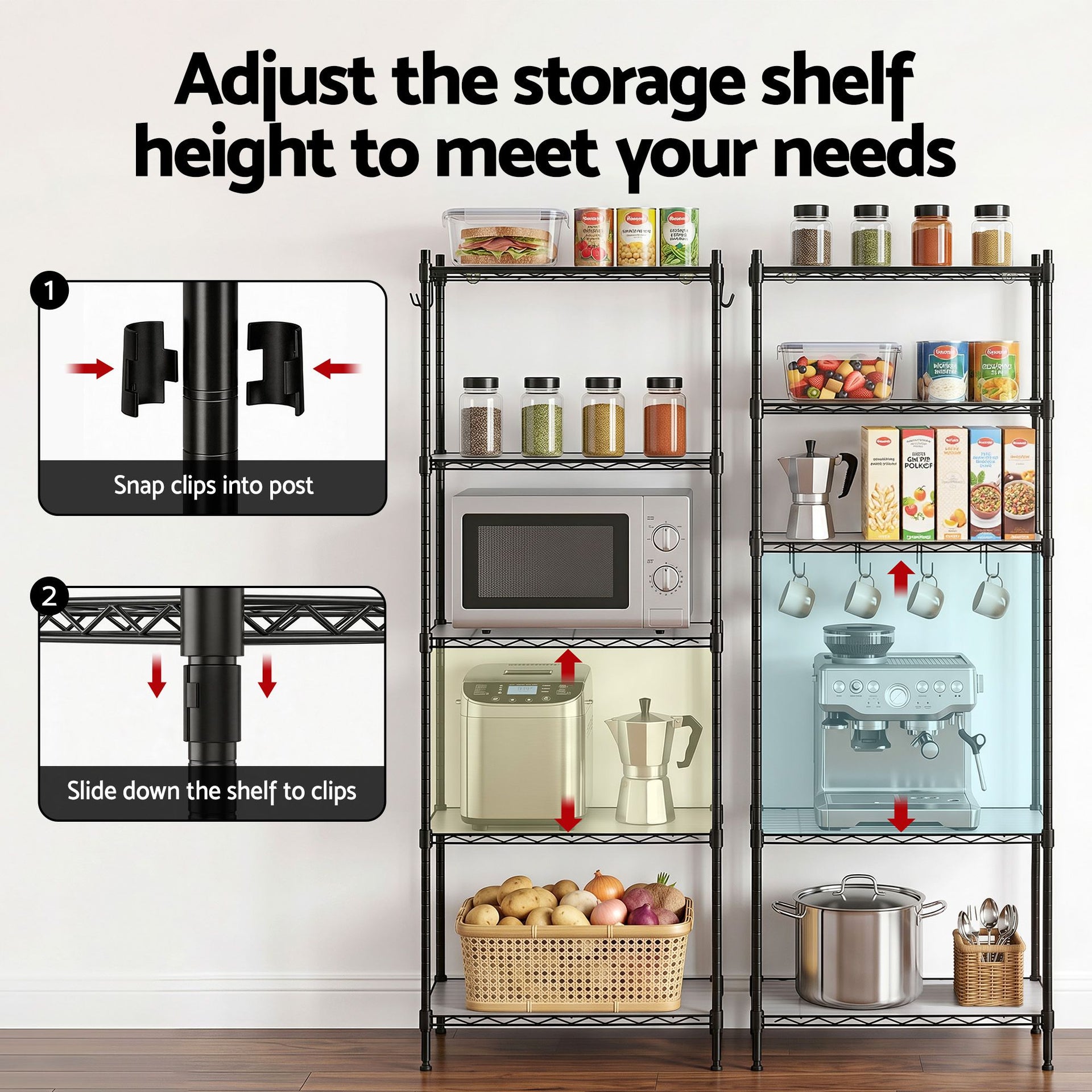 Artiss 5-Tier Kitchen Rack Shelf Shelving Unit 55x30x150CM Adjustable Metal Storage Shelves Black Awezingly