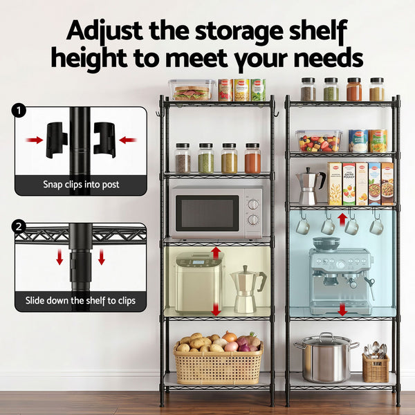 Artiss 5-Tier Kitchen Rack Shelf Shelving Unit 55x30x150CM Adjustable Metal Storage Shelves Black Awezingly