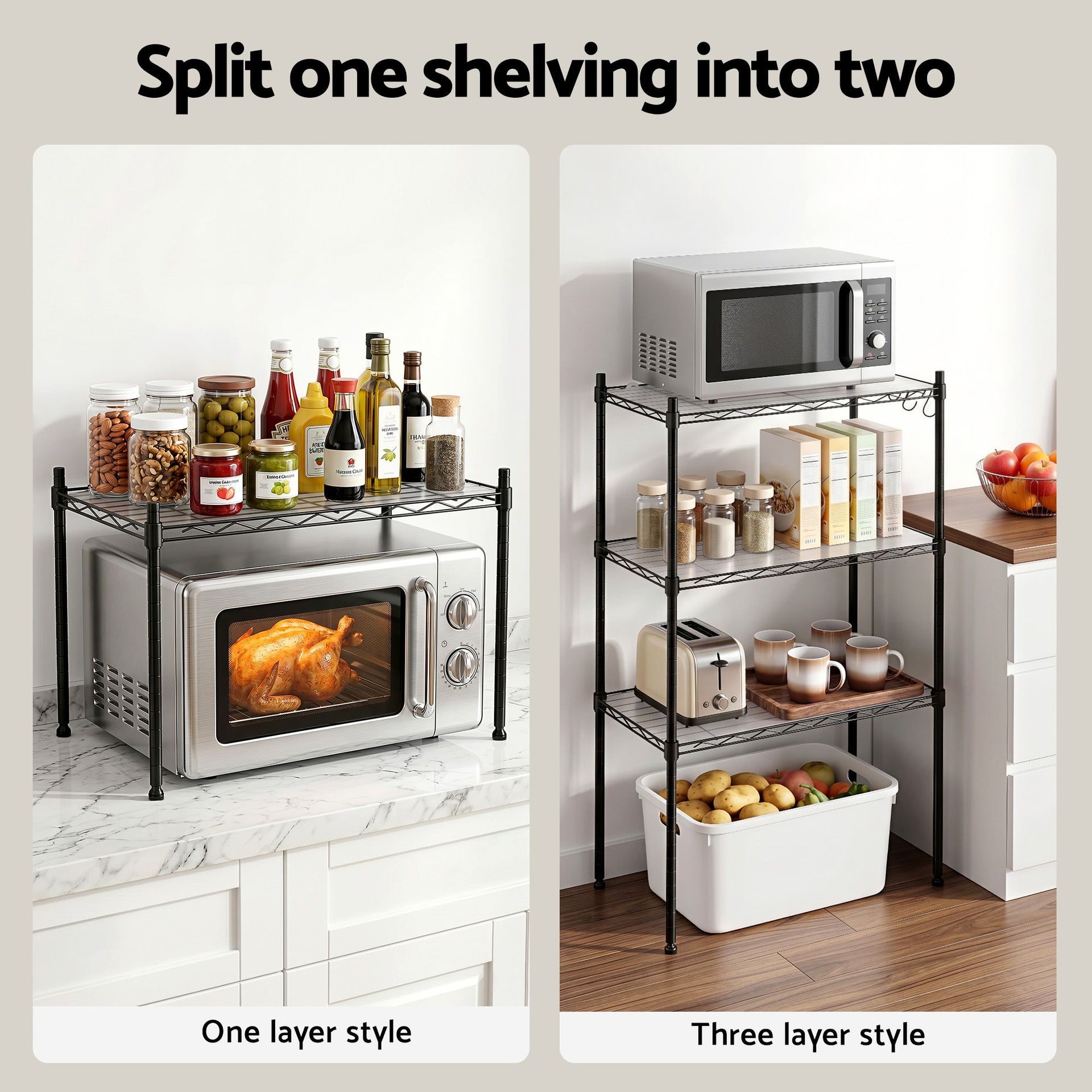 Artiss 5-Tier Kitchen Rack Shelf Shelving Unit 55x30x150CM Adjustable Metal Storage Shelves Black Awezingly