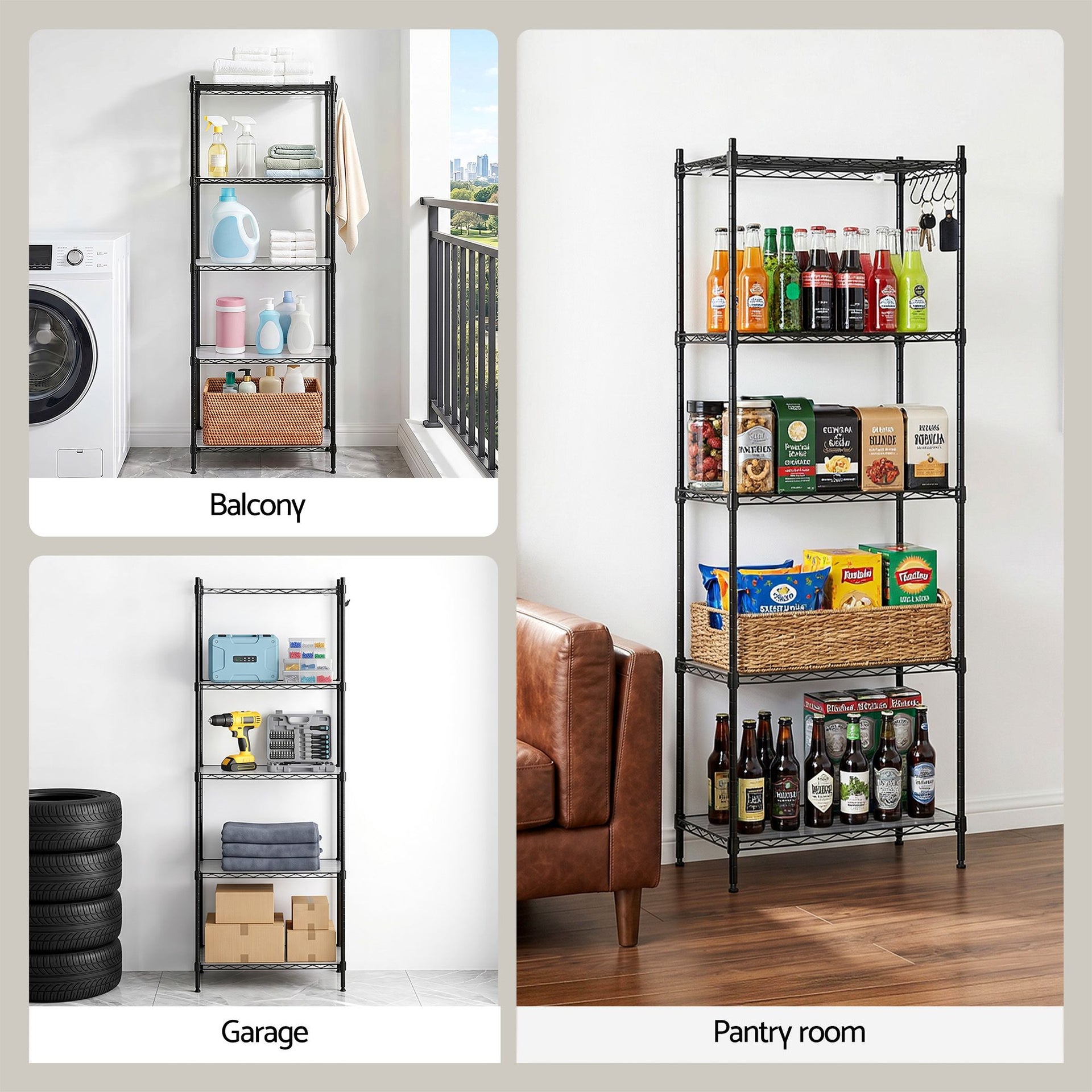 Artiss 5-Tier Kitchen Rack Shelf Shelving Unit 55x30x150CM Adjustable Metal Storage Shelves Black Awezingly
