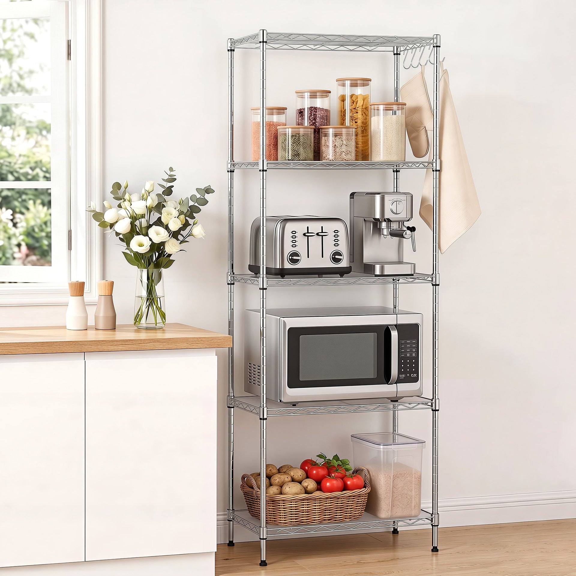 Artiss 5-Tier Kitchen Rack Shelf Shelving Unit 60x35x150CM Adjustable Metal Storage Shelves Silver Awezingly