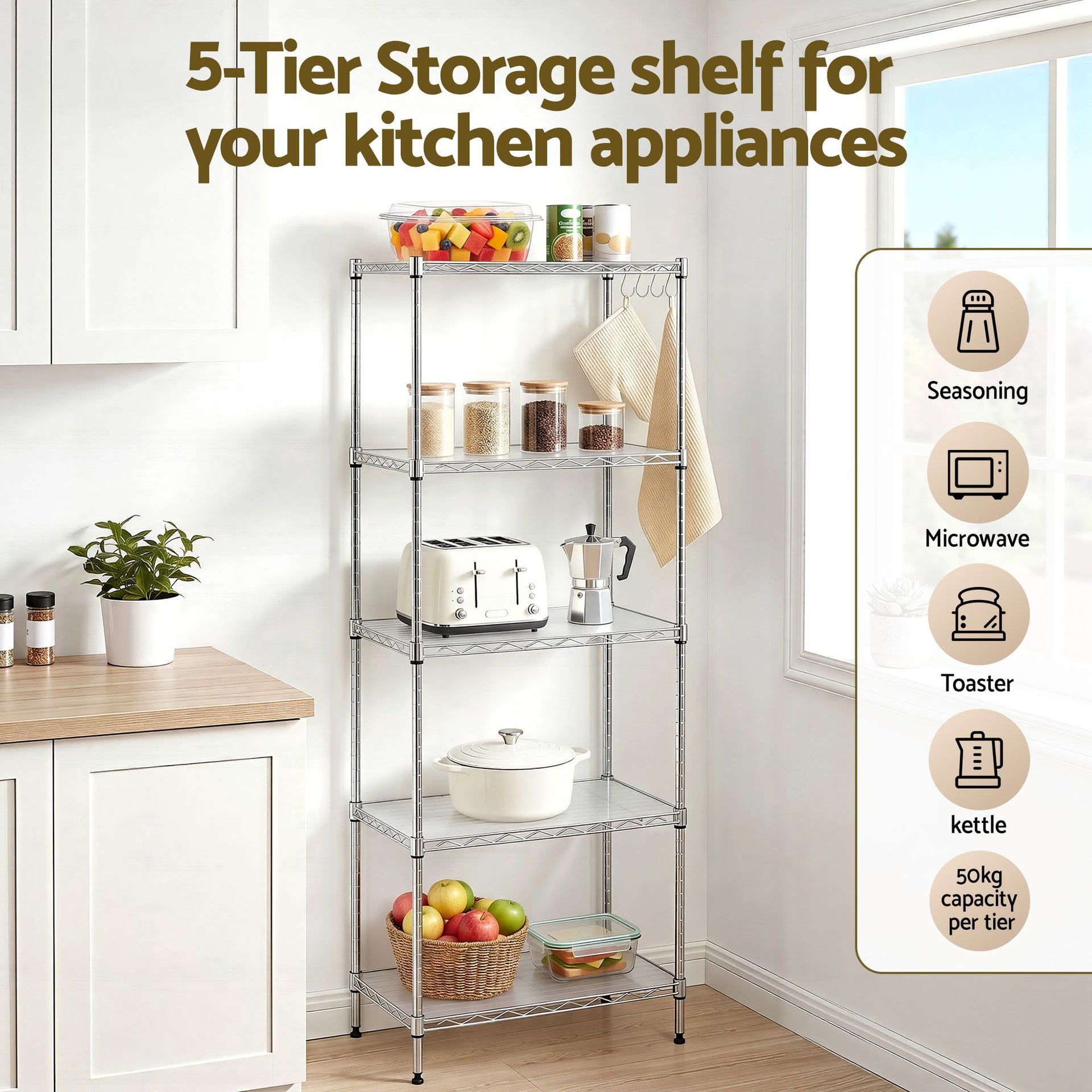 Artiss 5-Tier Kitchen Rack Shelf Shelving Unit 60x35x150CM Adjustable Metal Storage Shelves Silver Awezingly
