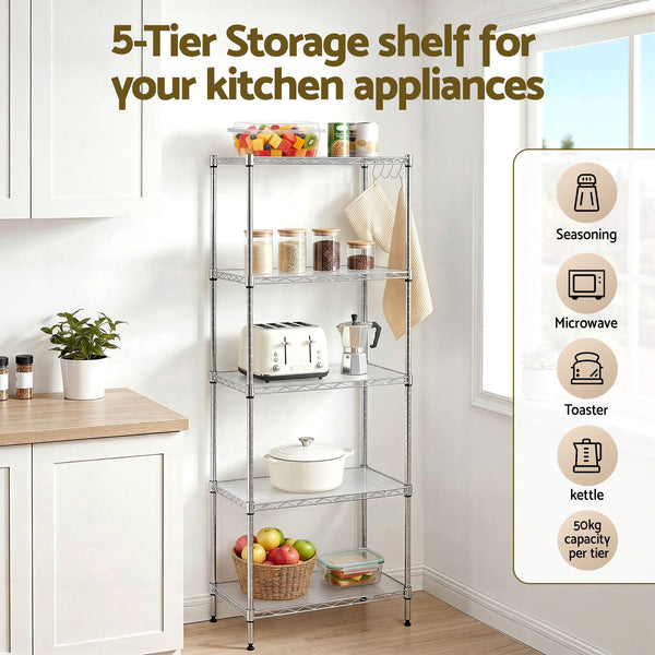 Artiss 5-Tier Kitchen Rack Shelf Shelving Unit 60x35x150CM Adjustable Metal Storage Shelves Silver Awezingly