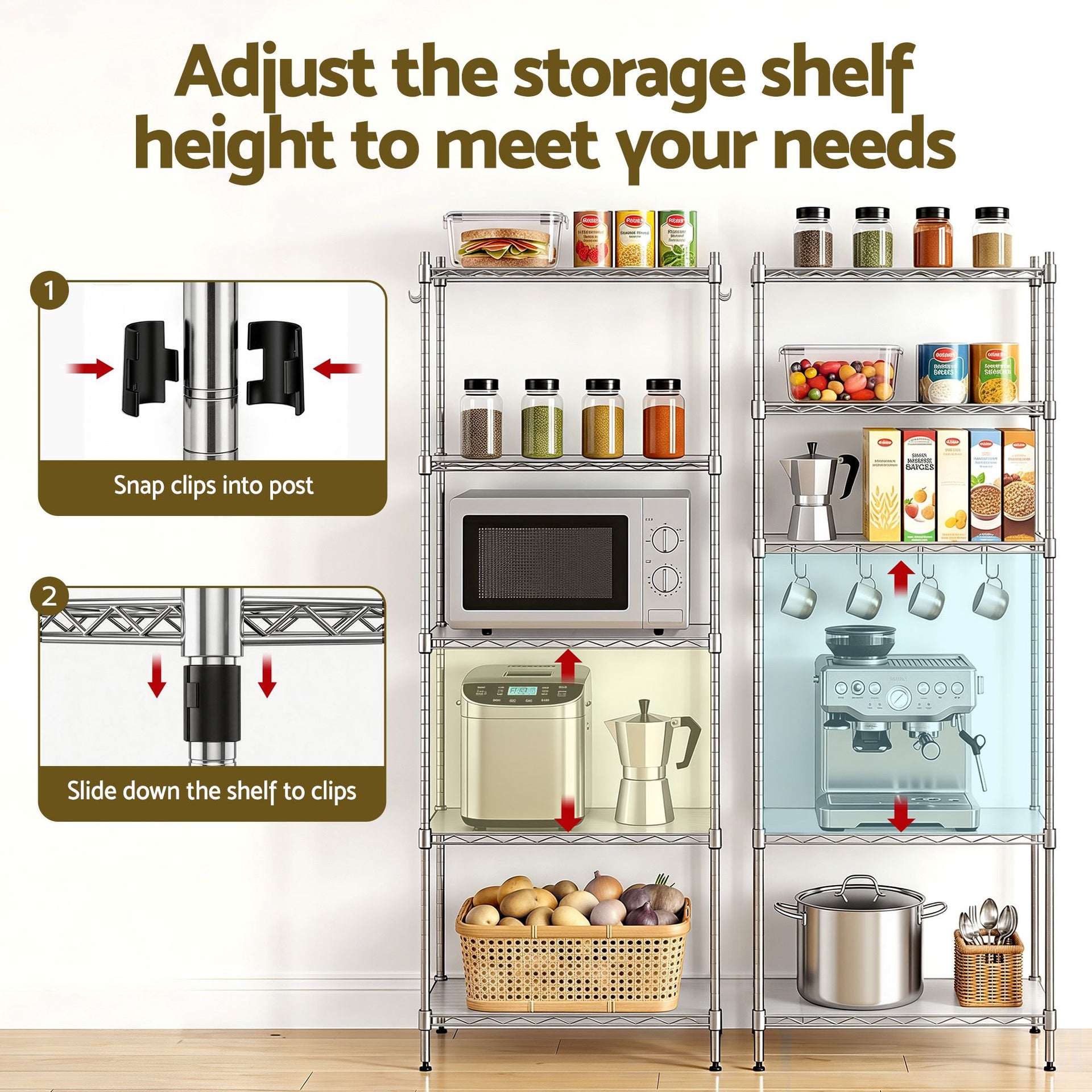 Artiss 5-Tier Kitchen Rack Shelf Shelving Unit 60x35x150CM Adjustable Metal Storage Shelves Silver Awezingly