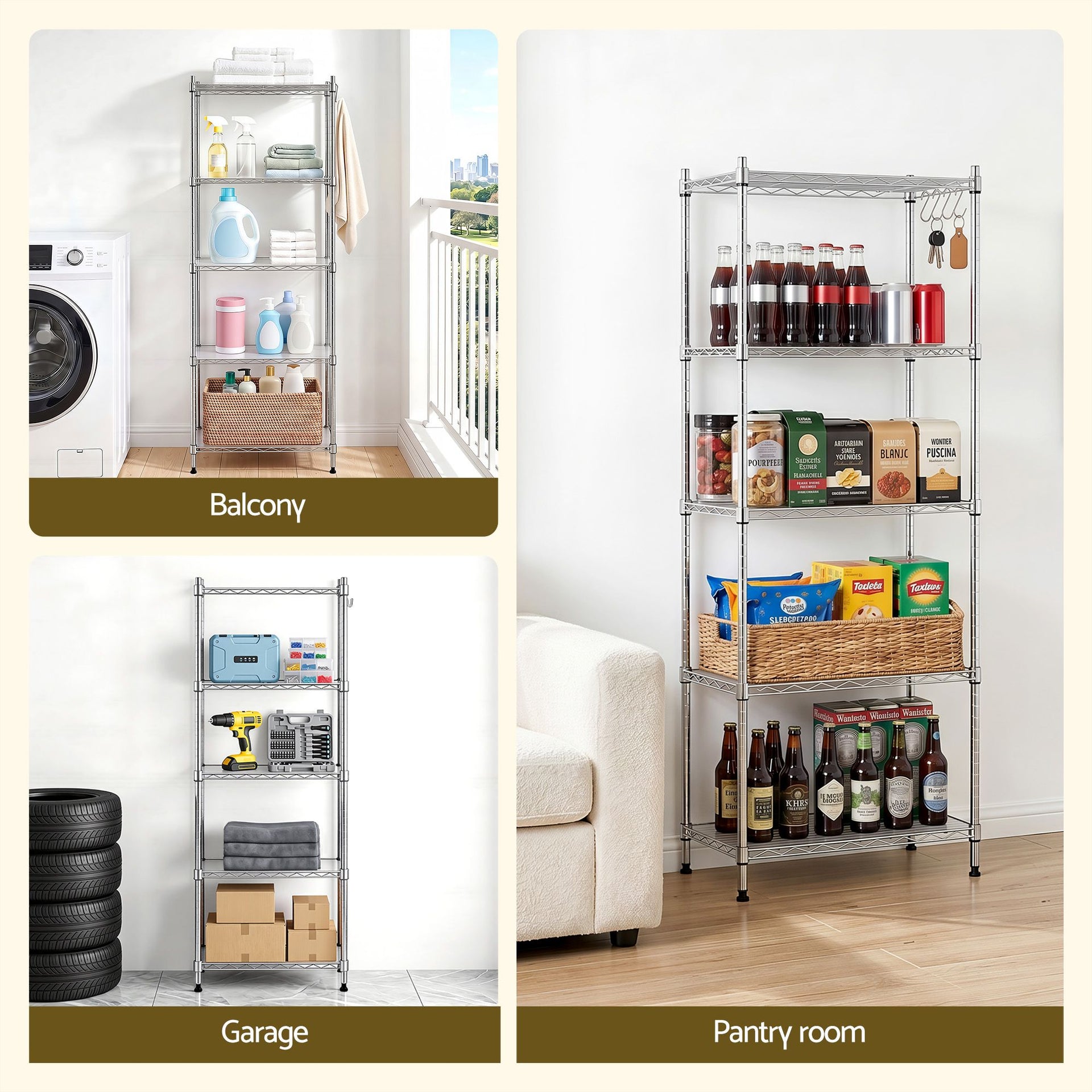 Artiss 5-Tier Kitchen Rack Shelf Shelving Unit 60x35x150CM Adjustable Metal Storage Shelves Silver Awezingly