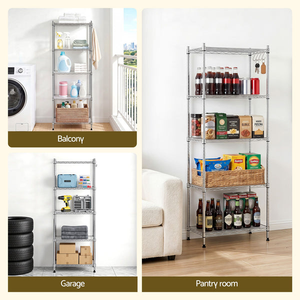 Artiss 5-Tier Kitchen Rack Shelf Shelving Unit 60x35x150CM Adjustable Metal Storage Shelves Silver Awezingly