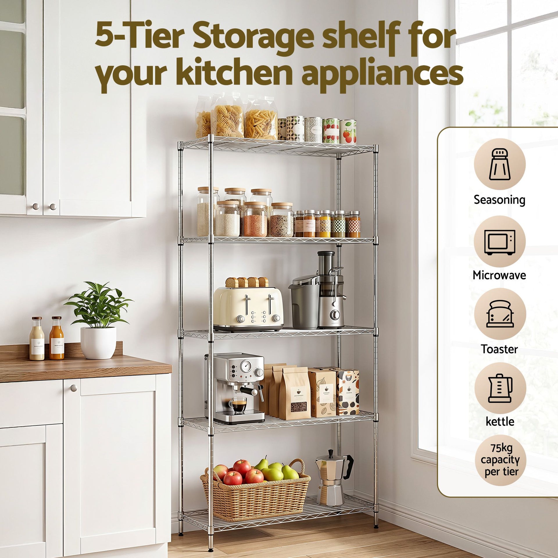 Artiss 5-Tier Kitchen Rack Shelf Shelving 90x35x182CM Adjustable Metal Storage Shelves Artiss
