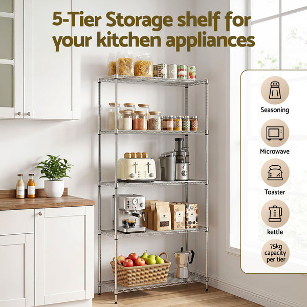 Artiss 5-Tier Kitchen Rack Shelf Shelving 90x35x182CM Adjustable Metal Storage Shelves Artiss