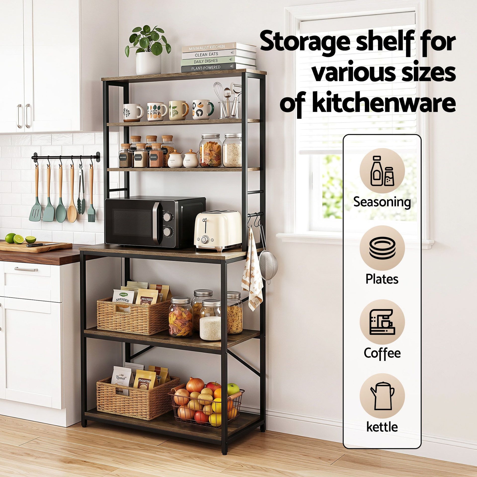 Artiss 6-Tier Kitchen Rack with 6 Hooks Microwave Storage Shelf 80cm x 167cm Awezingly