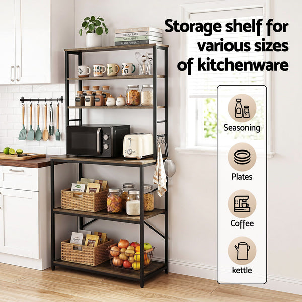 Artiss 6-Tier Kitchen Rack with 6 Hooks Microwave Storage Shelf 80cm x 167cm Awezingly