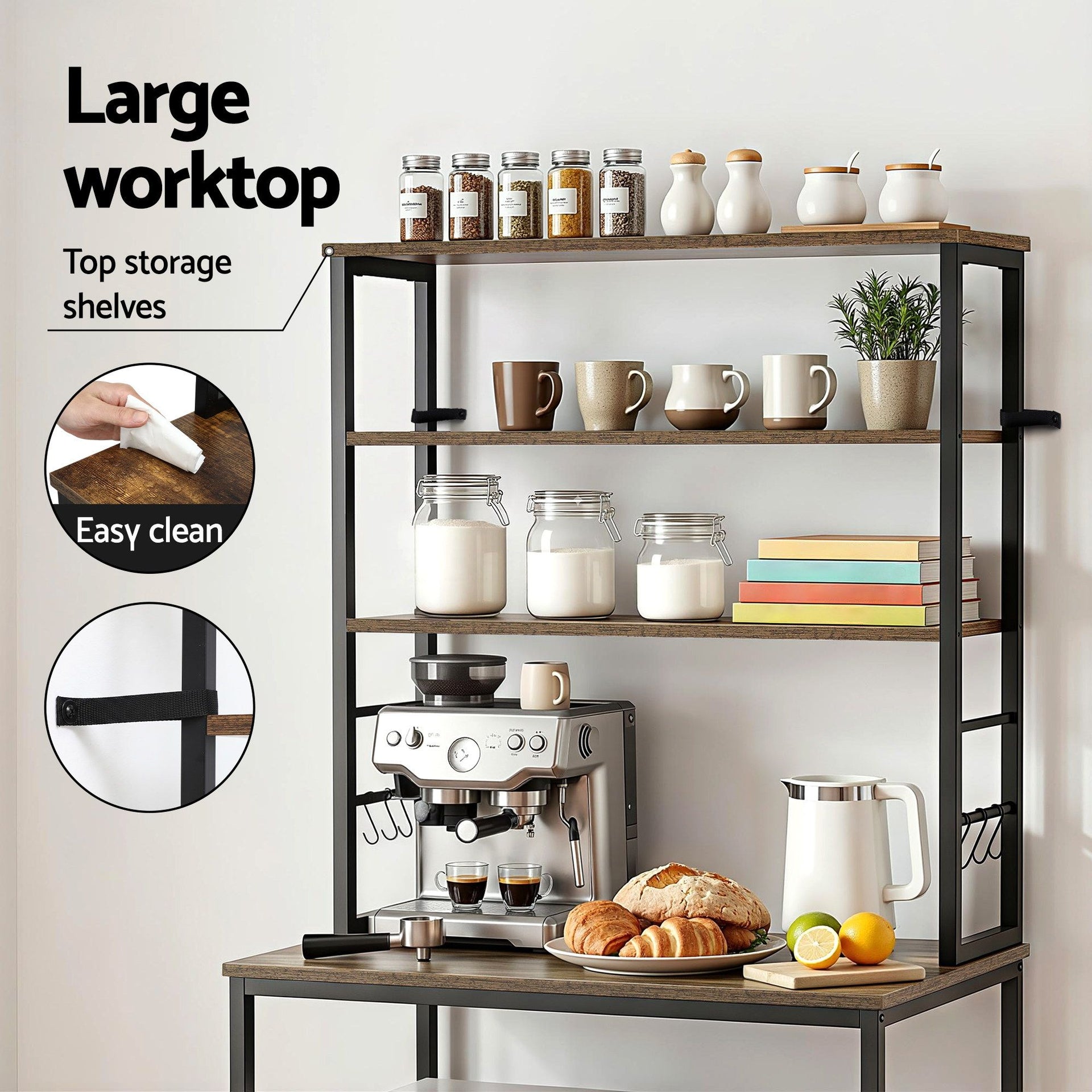 Artiss 6-Tier Kitchen Rack with 6 Hooks Microwave Storage Shelf 80cm x 167cm Awezingly