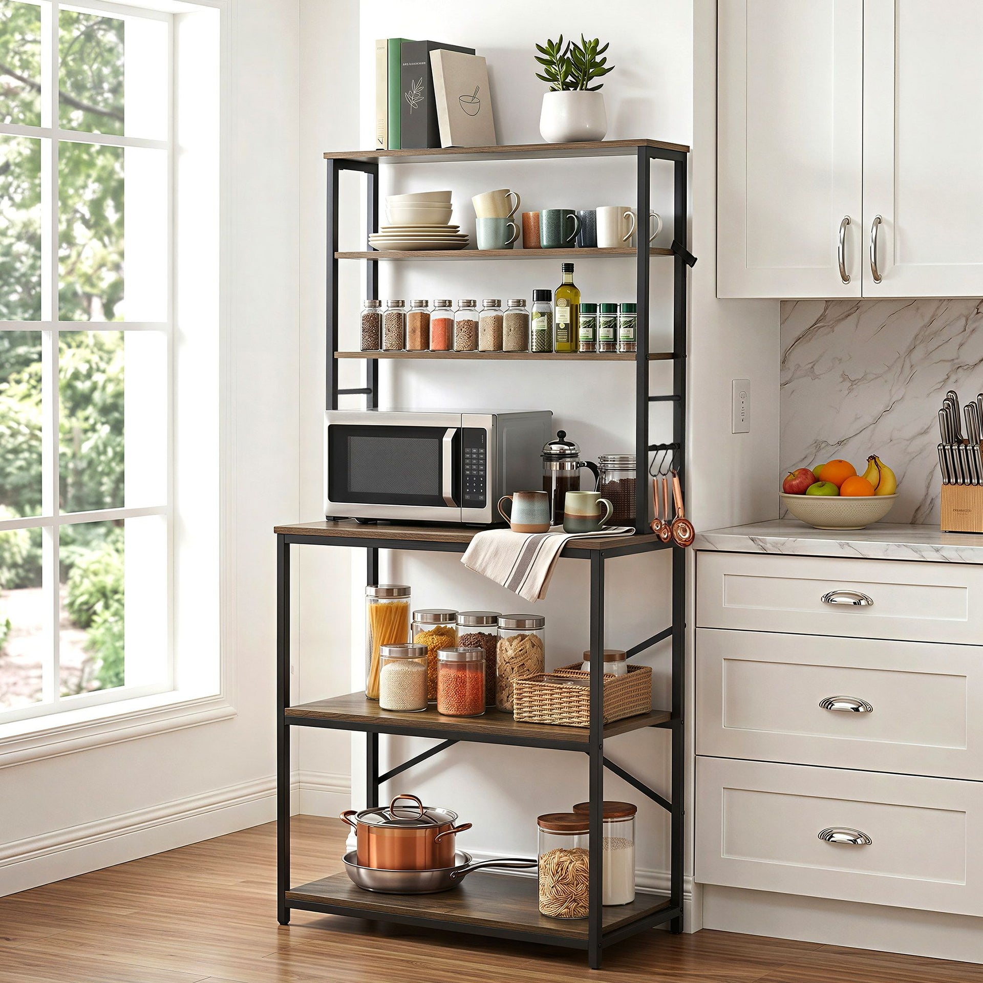 Artiss 6-Tier Kitchen Rack with 6 Hooks Microwave Storage Shelf 80cm x 167cm Awezingly