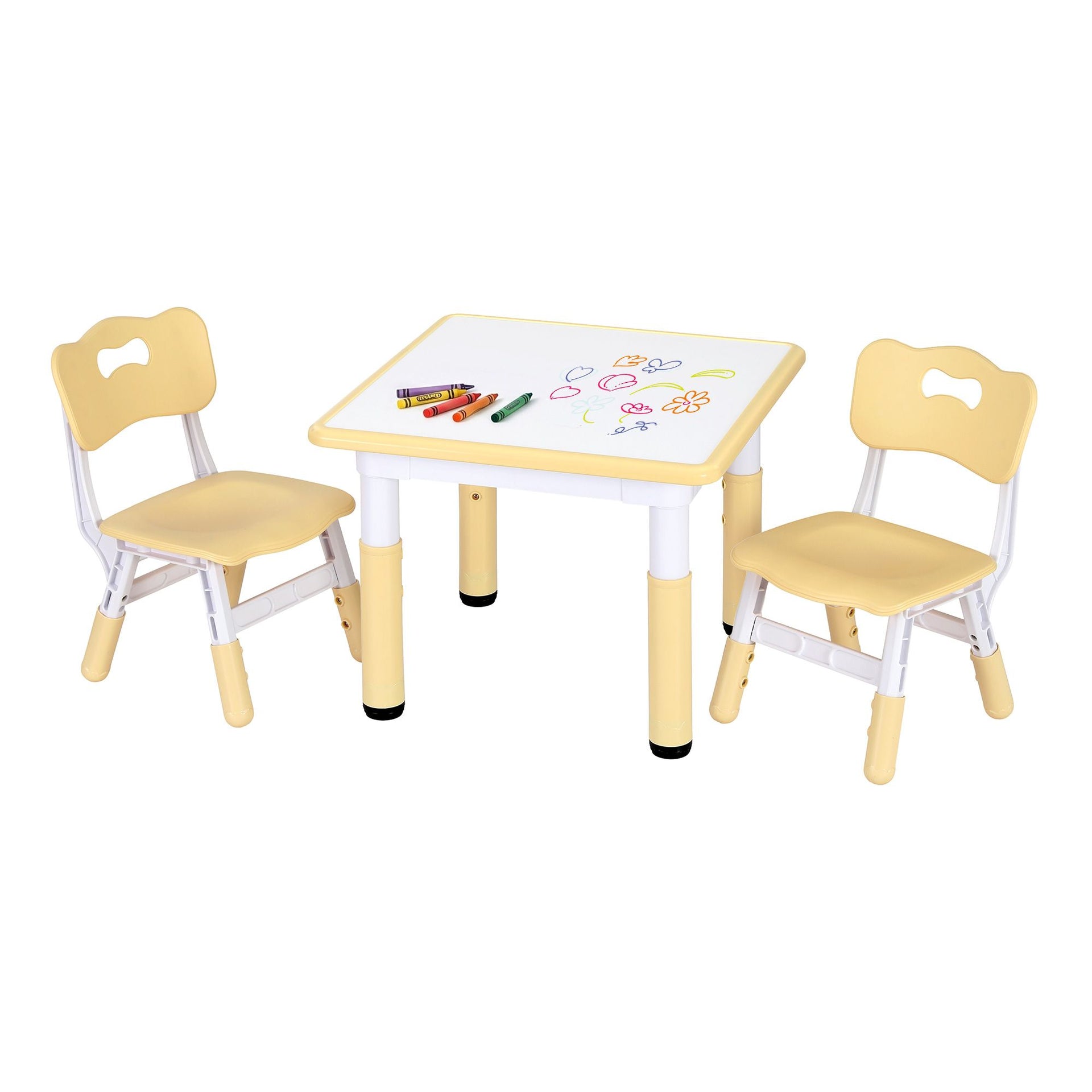 Keezi Kids Table and 2 Chairs Set Height Adjustable Toddler Desk and Chair Set for Ages 3-8, Activity Table with Graffiti Desktop for Learning Drawing Playing, Yellow Awezingly