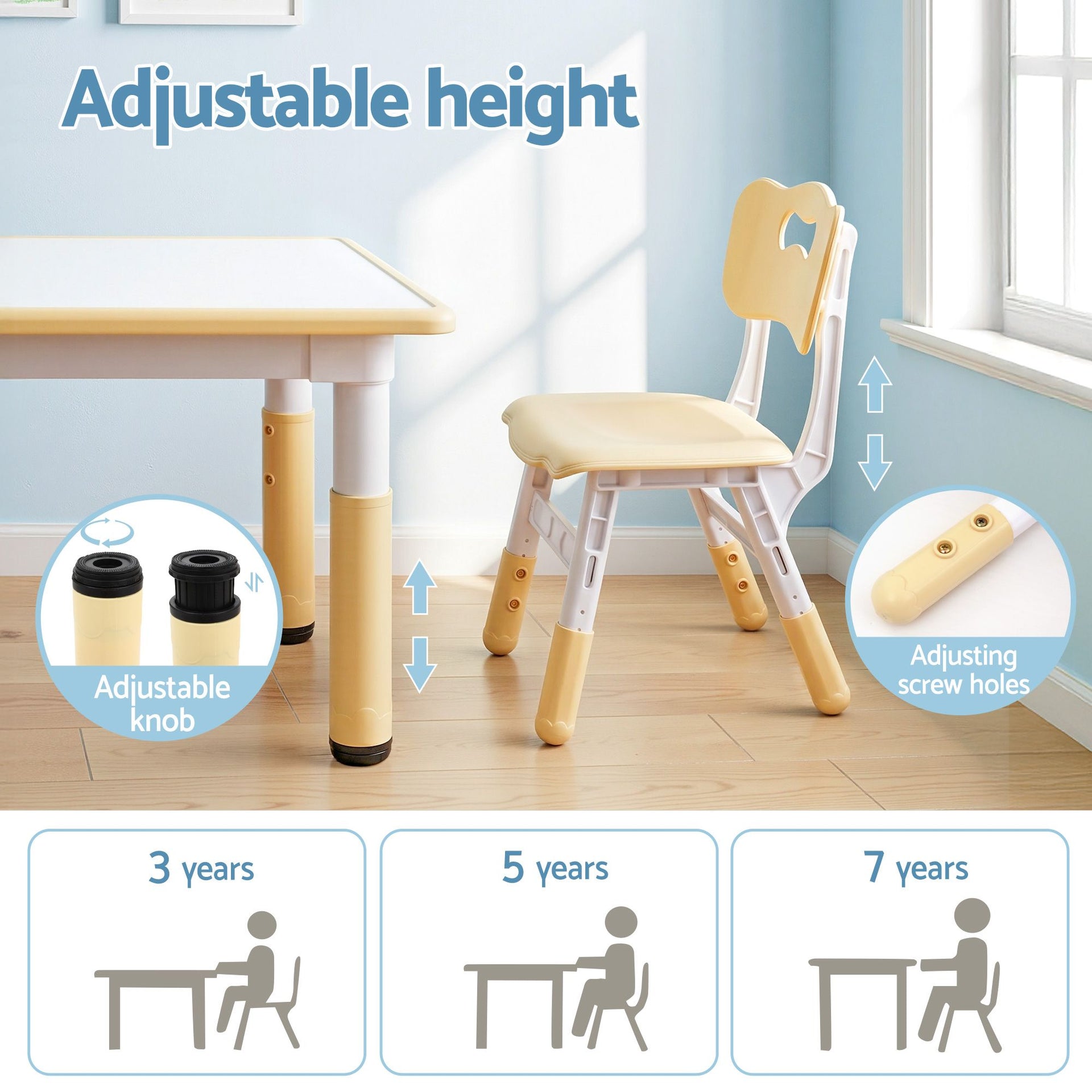 Keezi Kids Table and 2 Chairs Set Height Adjustable Toddler Desk and Chair Set for Ages 3-8, Activity Table with Graffiti Desktop for Learning Drawing Playing, Yellow Awezingly