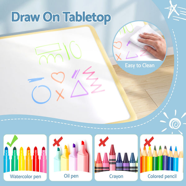 Keezi Kids Table and 2 Chairs Set Height Adjustable Toddler Desk and Chair Set for Ages 3-8, Activity Table with Graffiti Desktop for Learning Drawing Playing, Yellow Awezingly