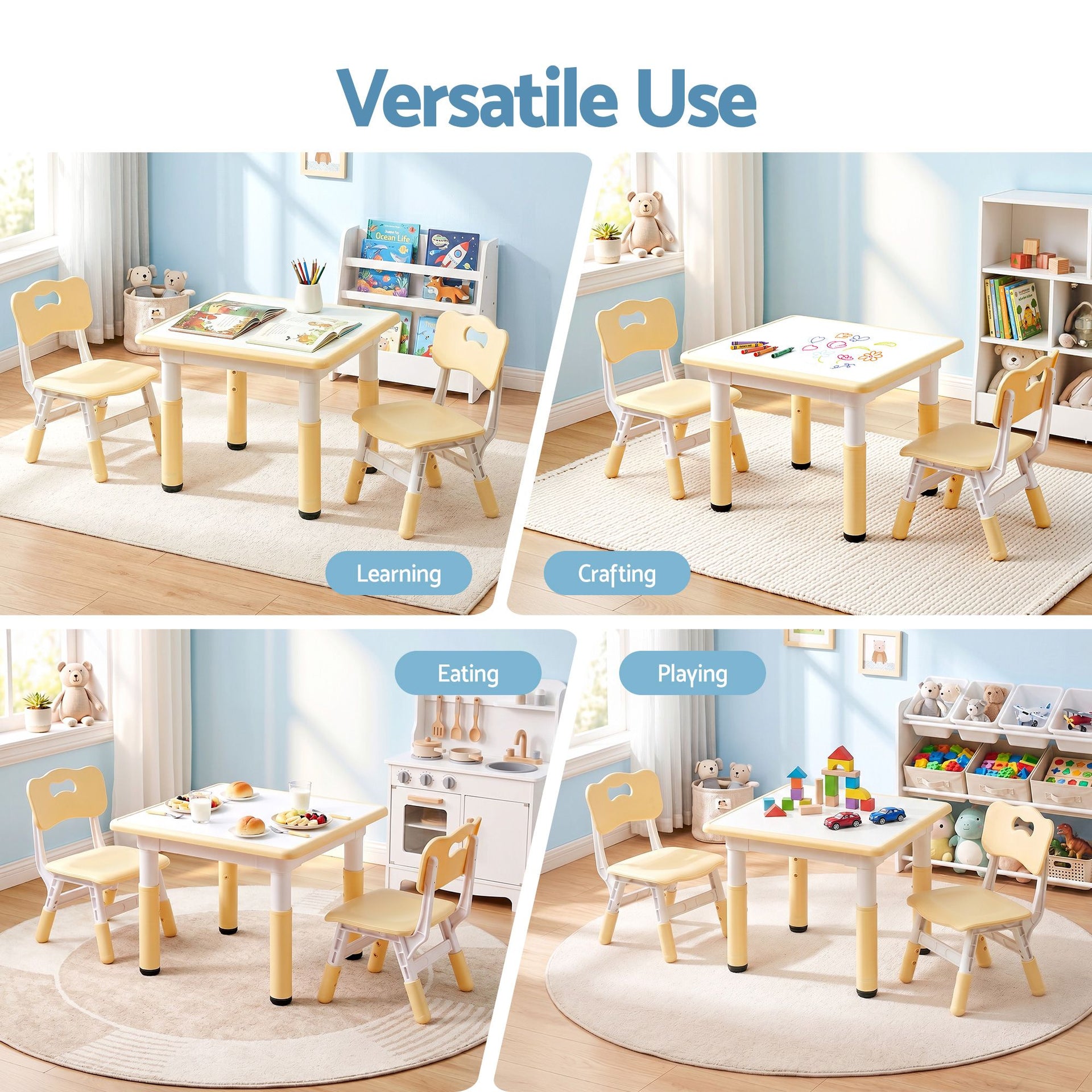 Keezi Kids Table and 2 Chairs Set Height Adjustable Toddler Desk and Chair Set for Ages 3-8, Activity Table with Graffiti Desktop for Learning Drawing Playing, Yellow Awezingly
