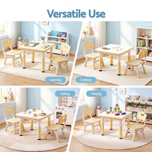 Keezi Kids Table and 2 Chairs Set Height Adjustable Toddler Desk and Chair Set for Ages 3-8, Activity Table with Graffiti Desktop for Learning Drawing Playing, Yellow Awezingly
