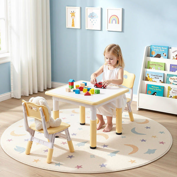 Keezi Kids Table and 2 Chairs Set Height Adjustable Toddler Desk and Chair Set for Ages 3-8, Activity Table with Graffiti Desktop for Learning Drawing Playing, Yellow Awezingly