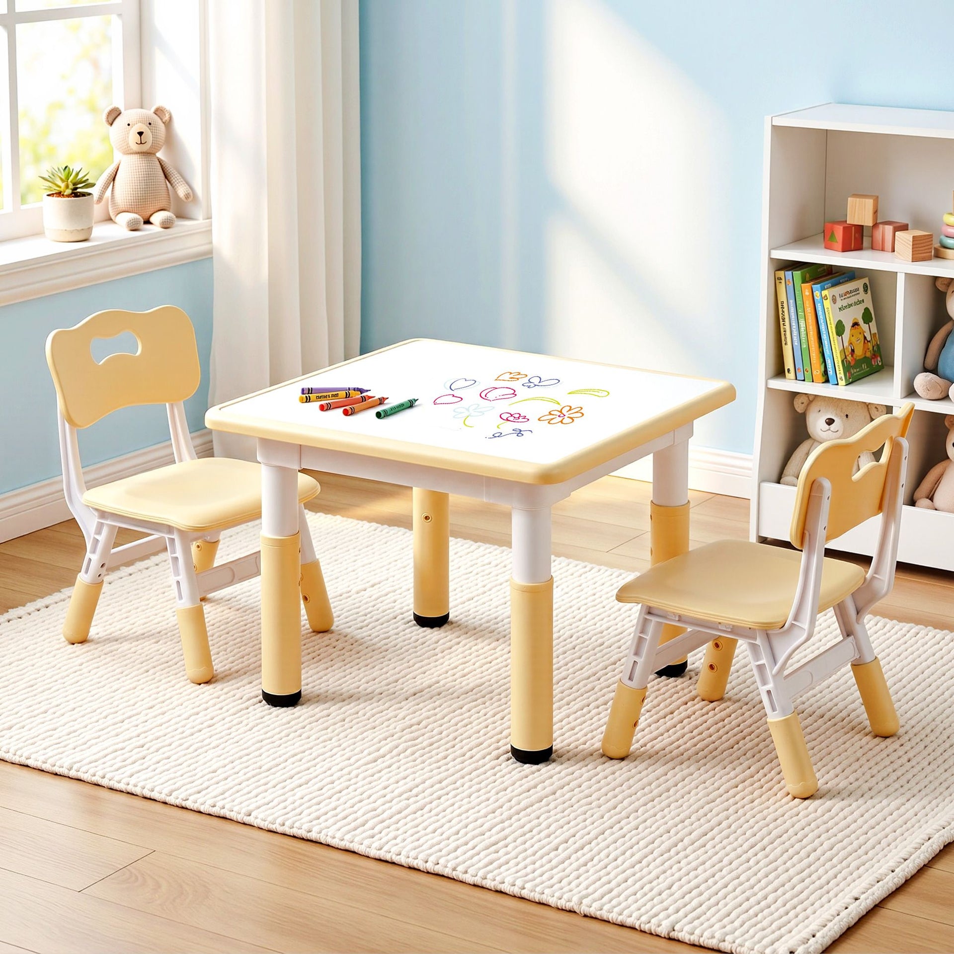 Keezi Kids Table and 2 Chairs Set Height Adjustable Toddler Desk and Chair Set for Ages 3-8, Activity Table with Graffiti Desktop for Learning Drawing Playing, Yellow Awezingly