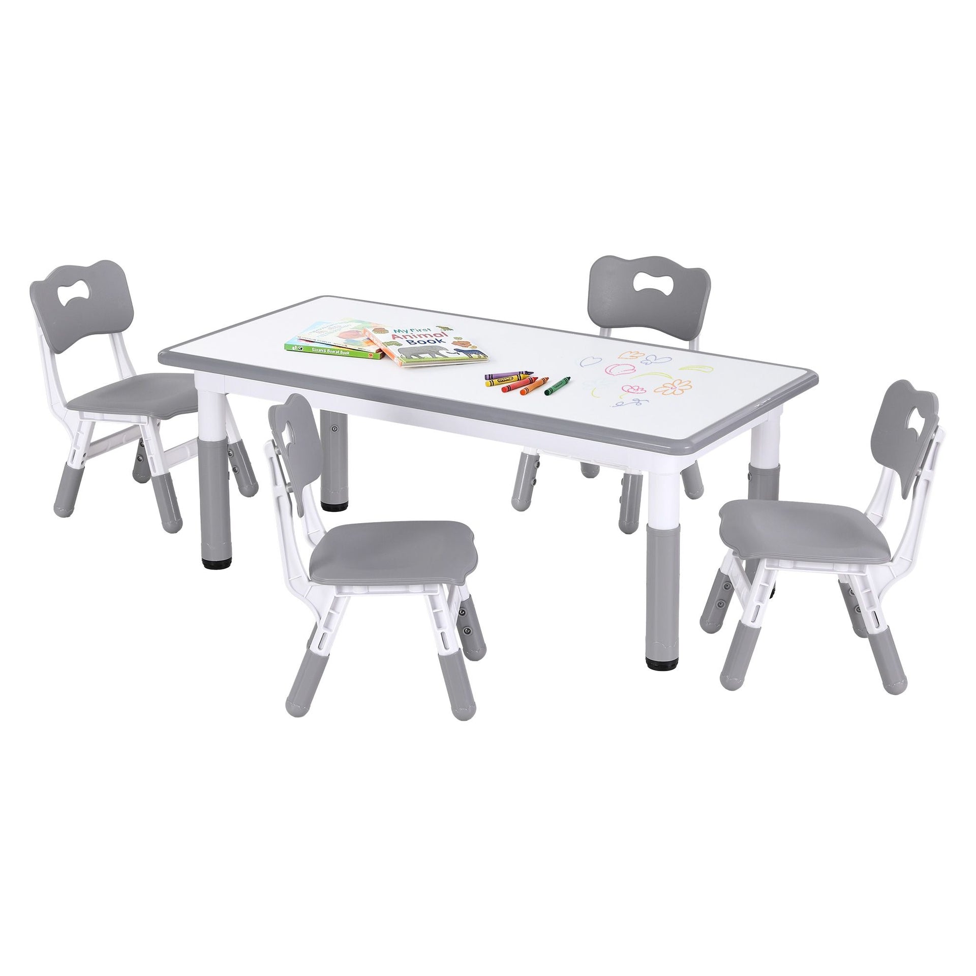 Keezi Kids Table and 4 Chairs Set Height Adjustable Toddler Desk and Chair Set for Ages 3-8, Children Activity Table with Graffiti Desktop for Learning Drawing Playing, Grey Awezingly